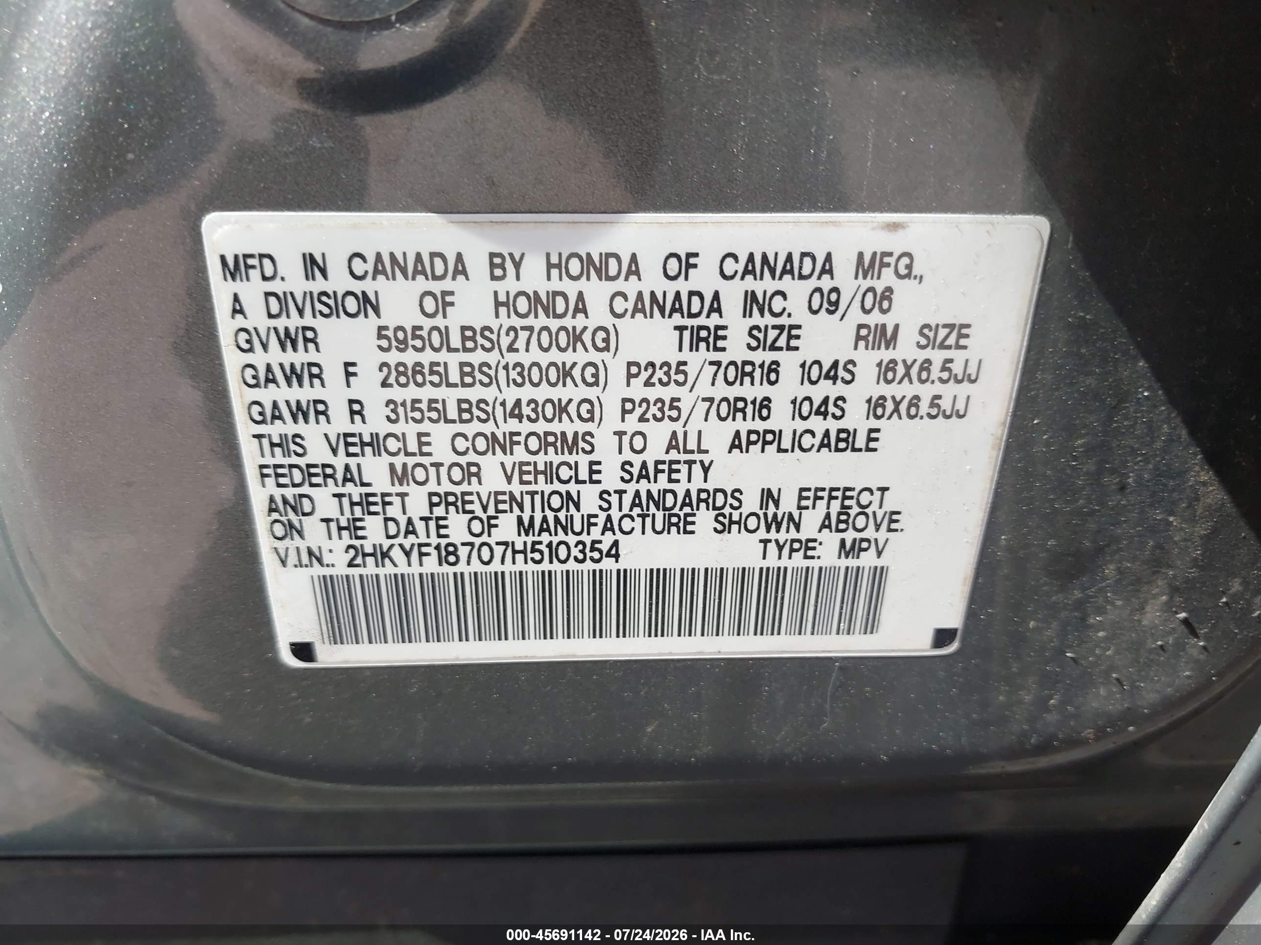 2007 Honda Pilot Ex-l Gray vin: 2HKYF18707H510354