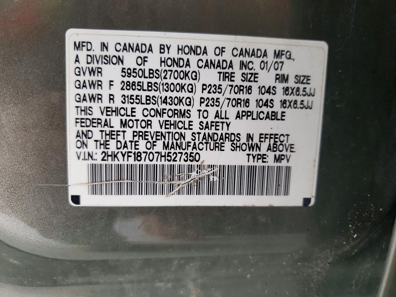 2007 Honda Pilot Exl Green vin: 2HKYF18707H527350