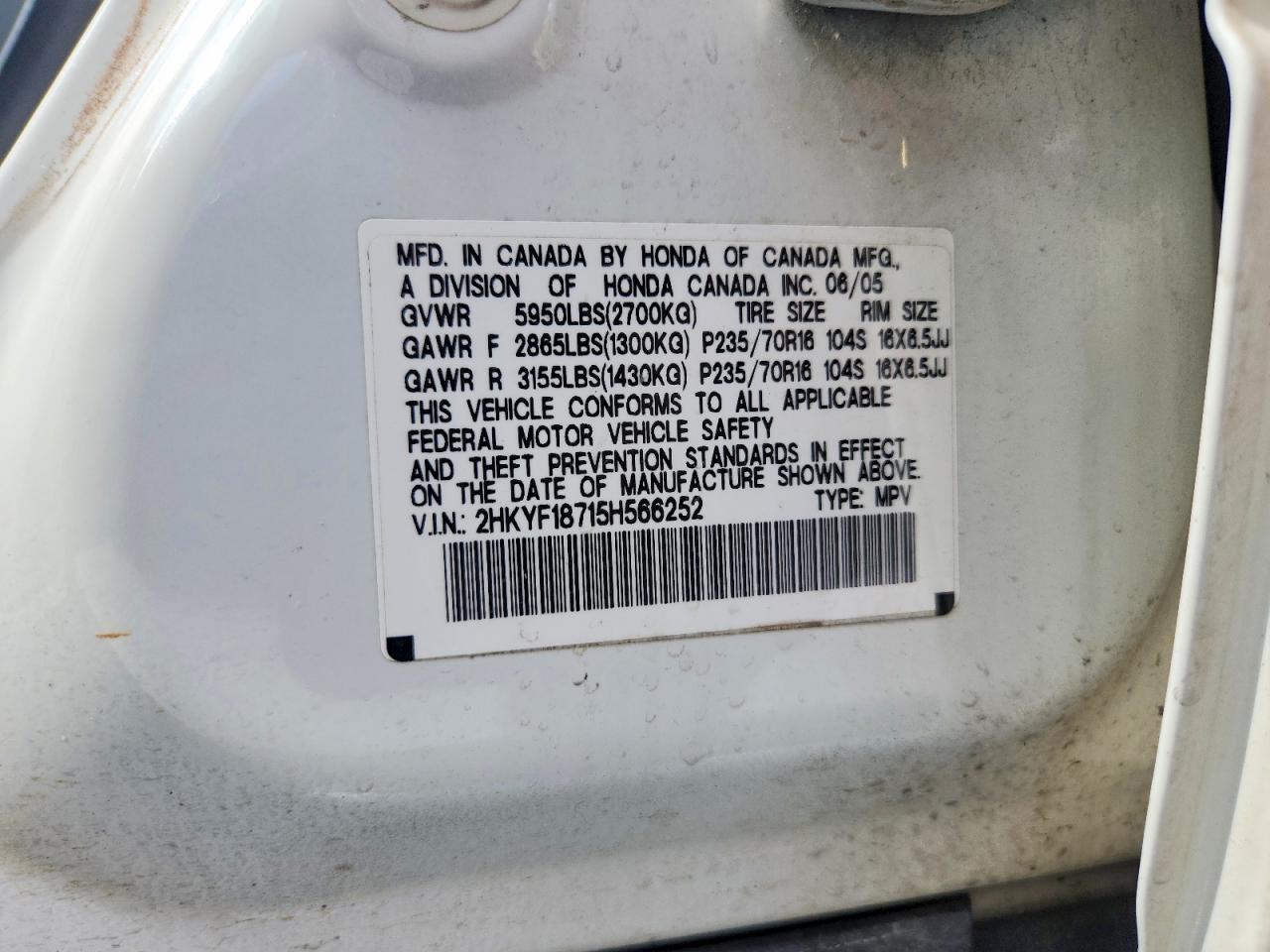 2005 Honda Pilot Exl White vin: 2HKYF18715H566252