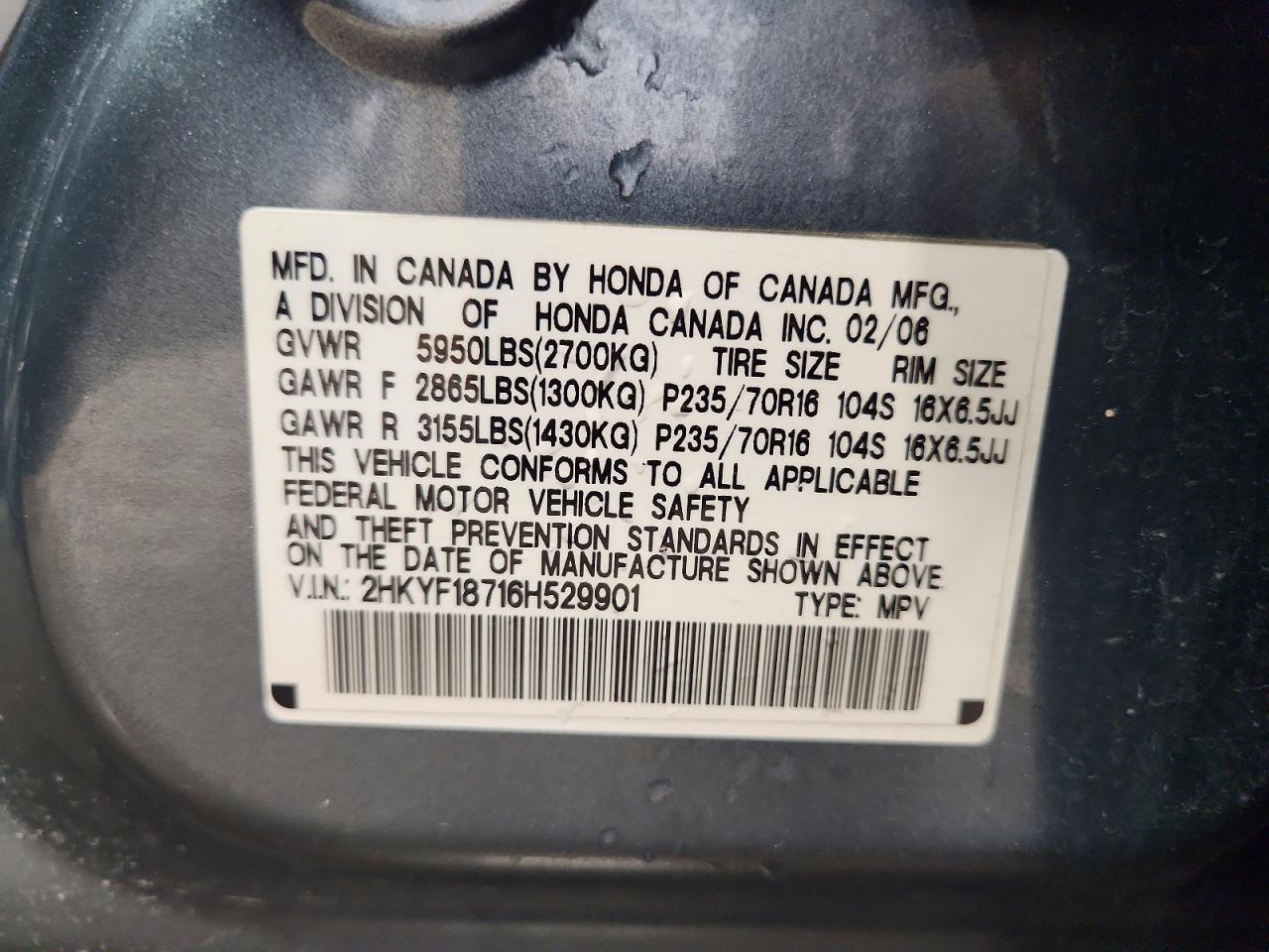 2006 Honda Pilot Ex Blue vin: 2HKYF18716H529901