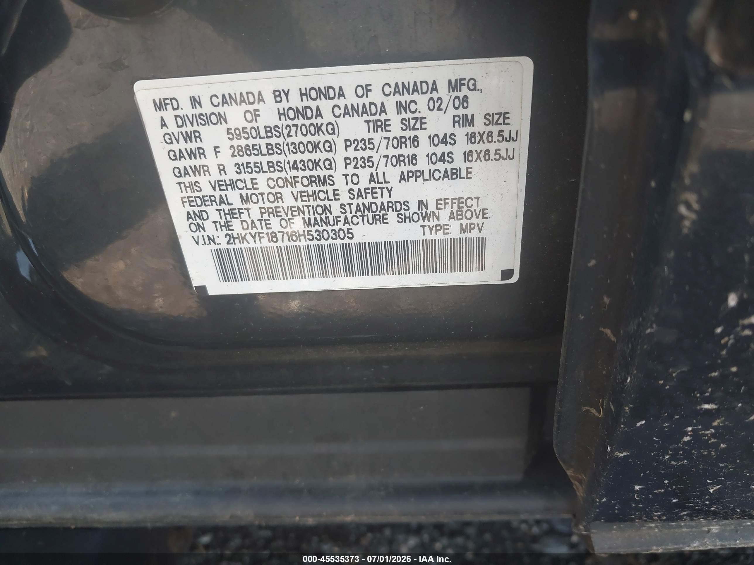 2006 Honda Pilot Ex-l Серый vin: 2HKYF18716H530305