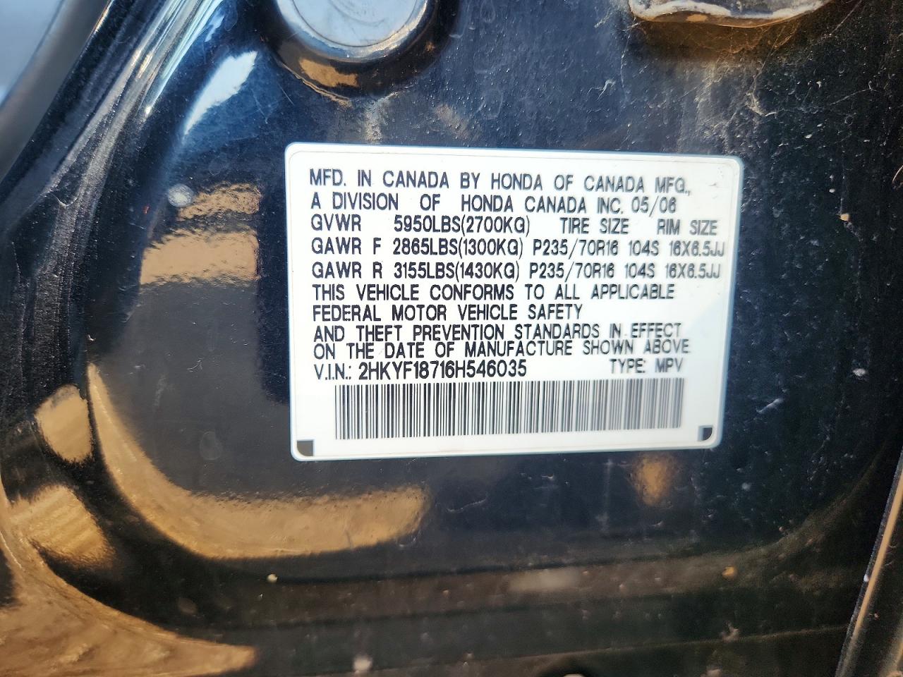 2006 Honda Pilot Ex Black vin: 2HKYF18716H546035