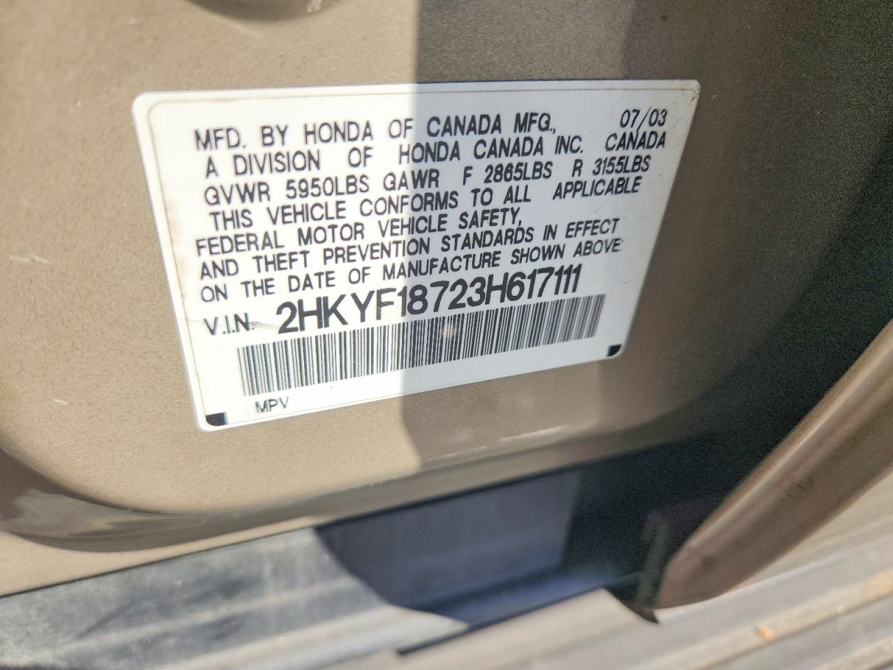 2003 Honda Pilot Exl Золотой vin: 2HKYF18723H617111