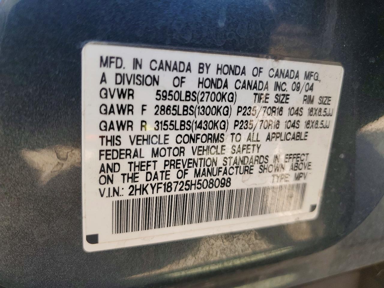 2005 Honda Pilot Exl Charcoal vin: 2HKYF18725H508098