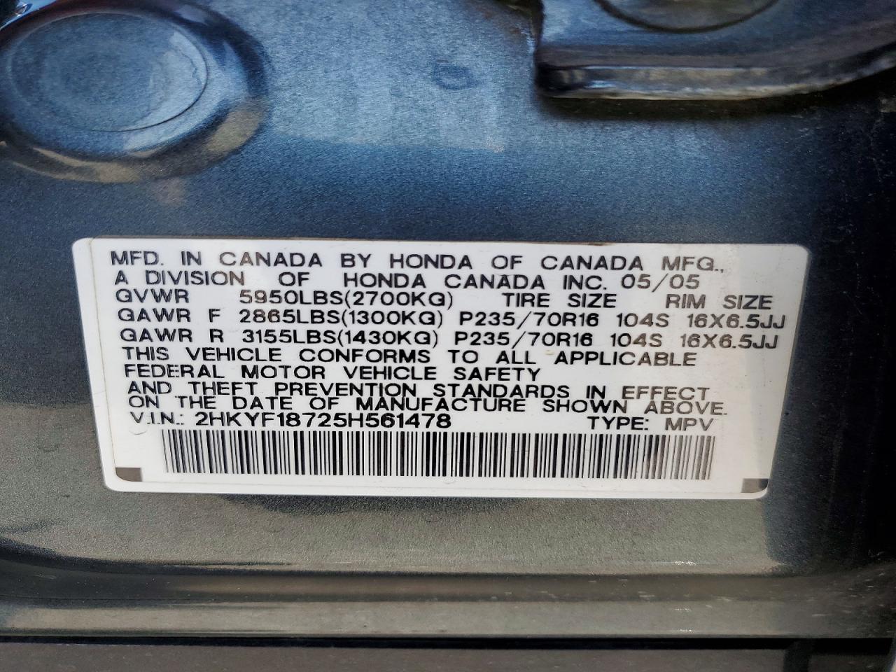 2005 Honda Pilot Exl Charcoal vin: 2HKYF18725H561478
