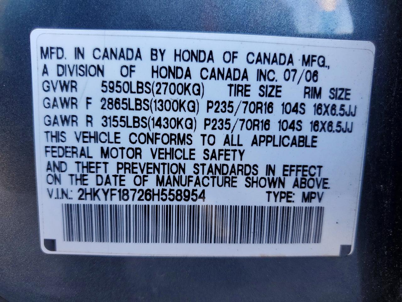 2006 Honda Pilot Ex Gray vin: 2HKYF18726H558954