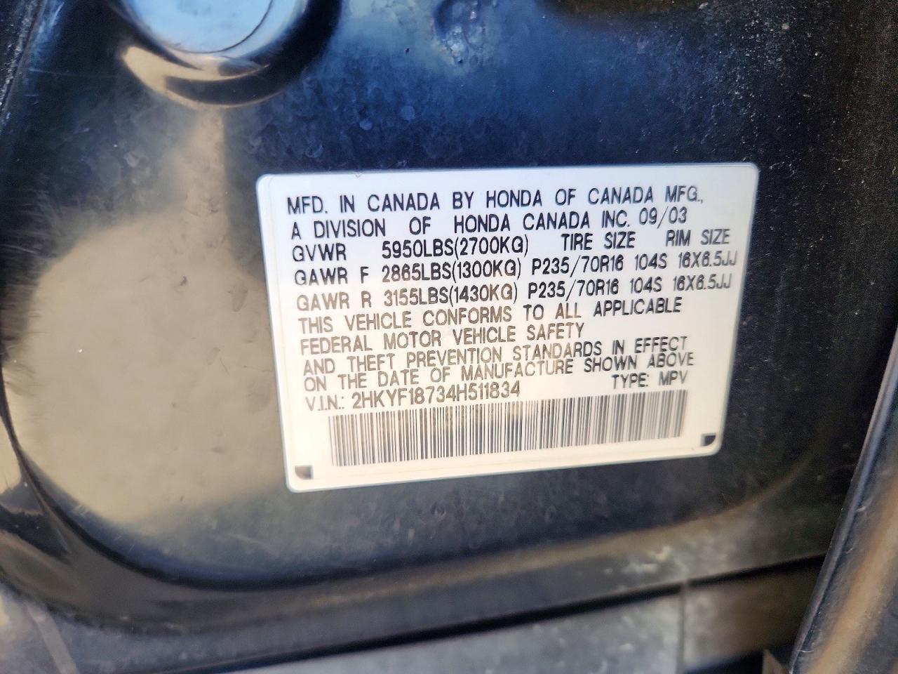 2004 Honda Pilot Exl Black vin: 2HKYF18734H511834