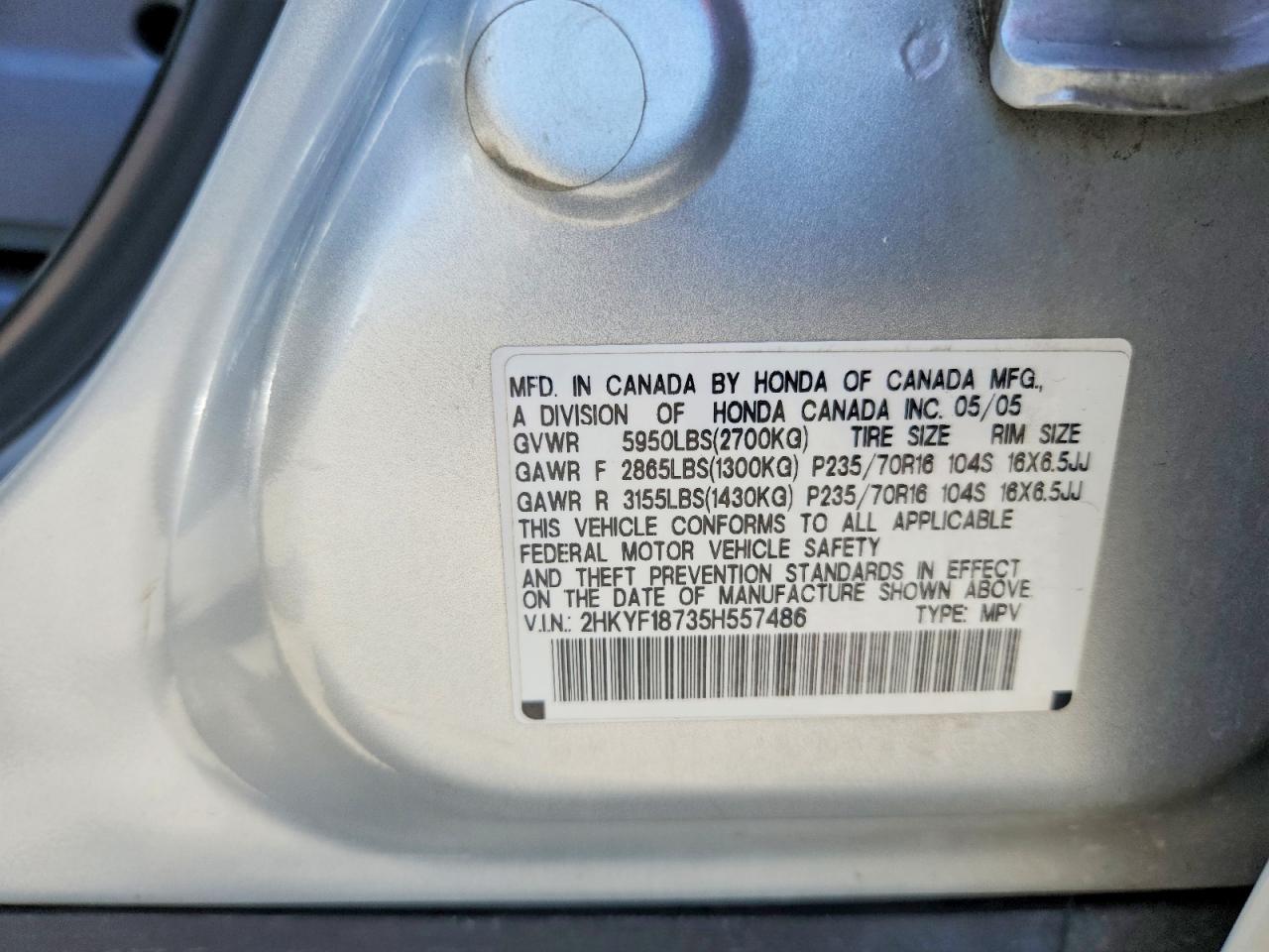 2005 Honda Pilot Exl Gray vin: 2HKYF18735H557486
