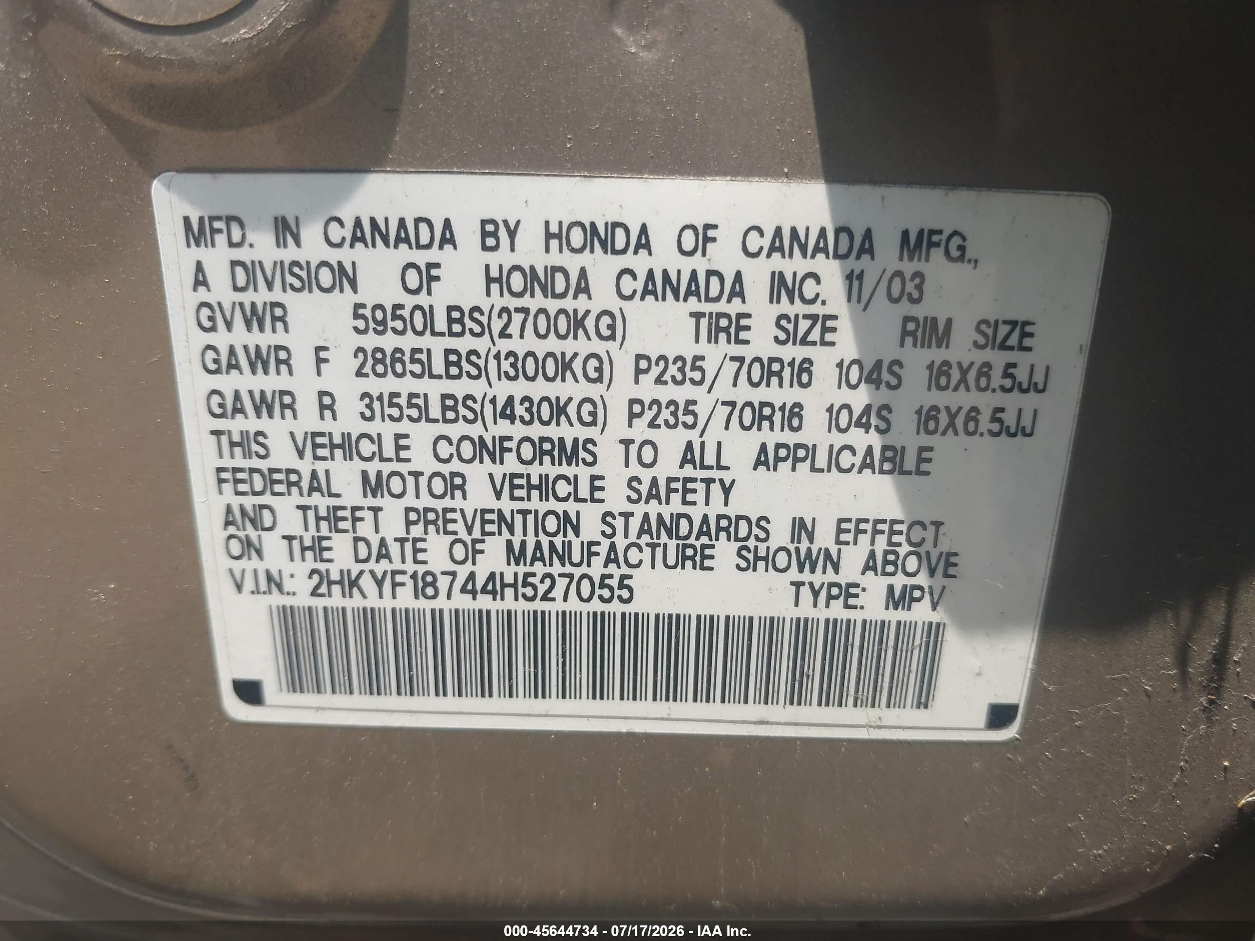 2004 Honda Pilot Ex-l Beige vin: 2HKYF18744H527055