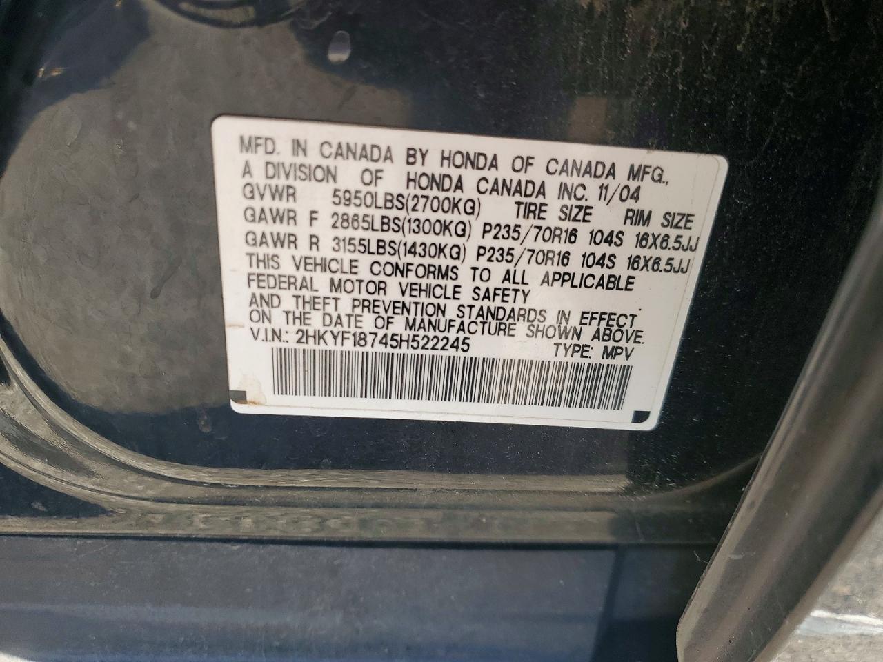 2005 Honda Pilot Exl Black vin: 2HKYF18745H522245