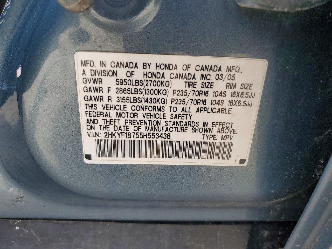 2005 Honda Pilot Exl Blue vin: 2HKYF18755H553438