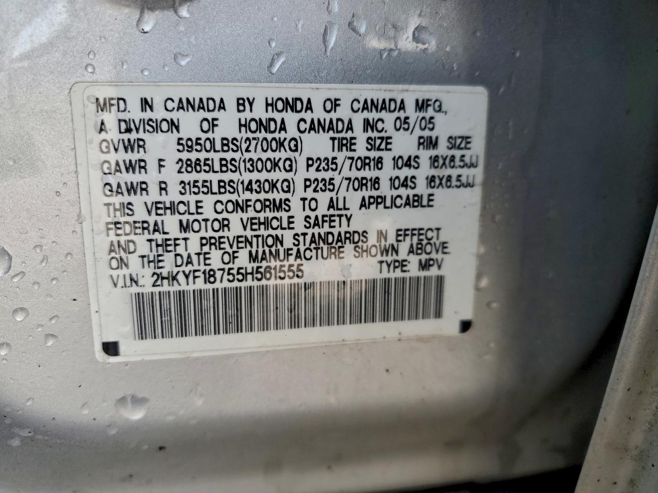 2005 Honda Pilot Exl Silver vin: 2HKYF18755H561555