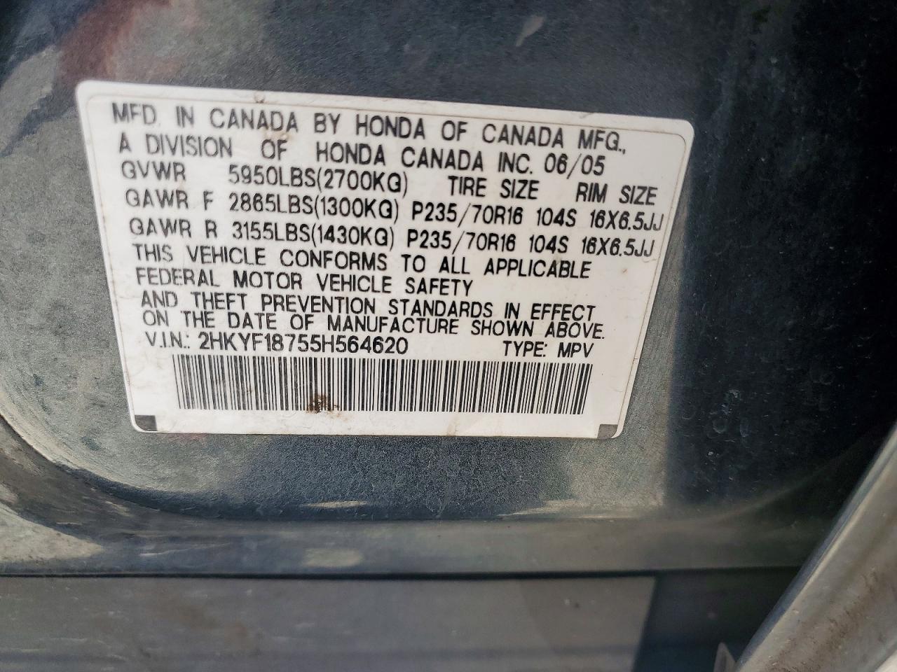 2005 Honda Pilot Exl Gray vin: 2HKYF18755H564620