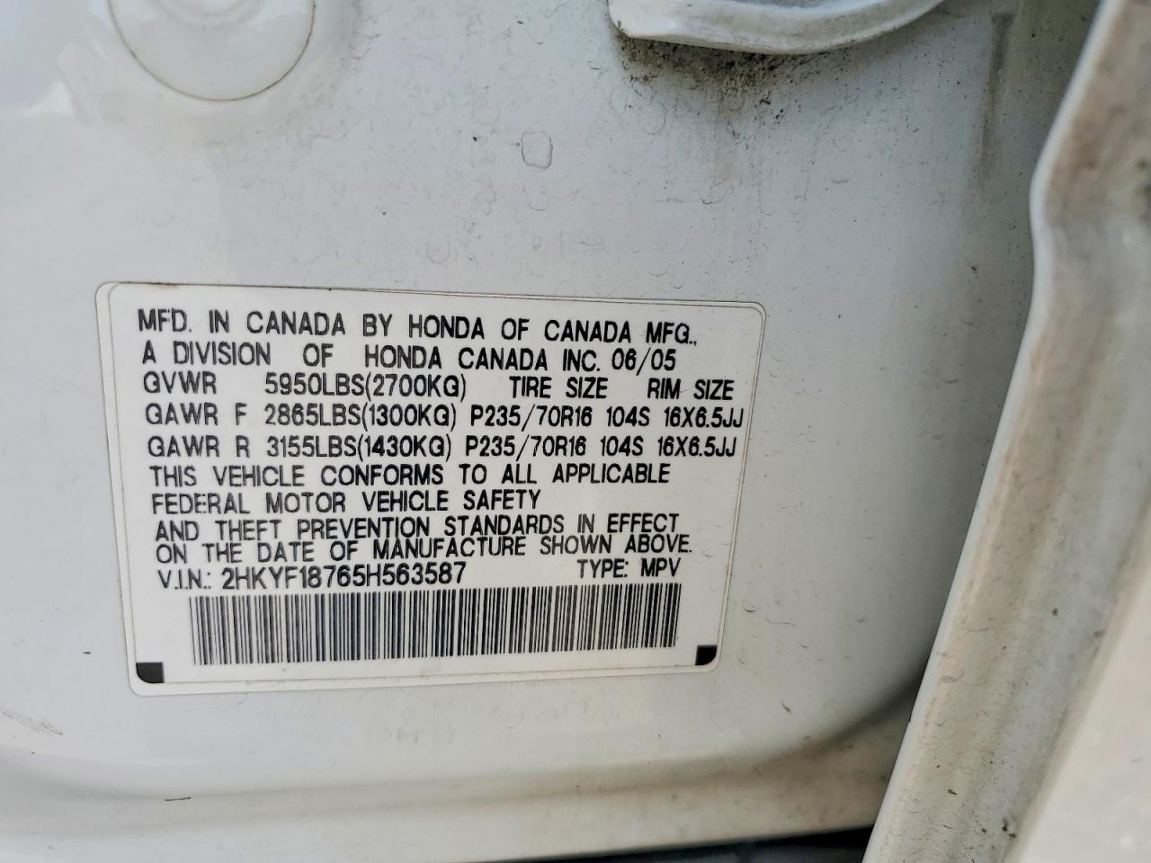 2005 Honda Pilot Exl White vin: 2HKYF18765H563587