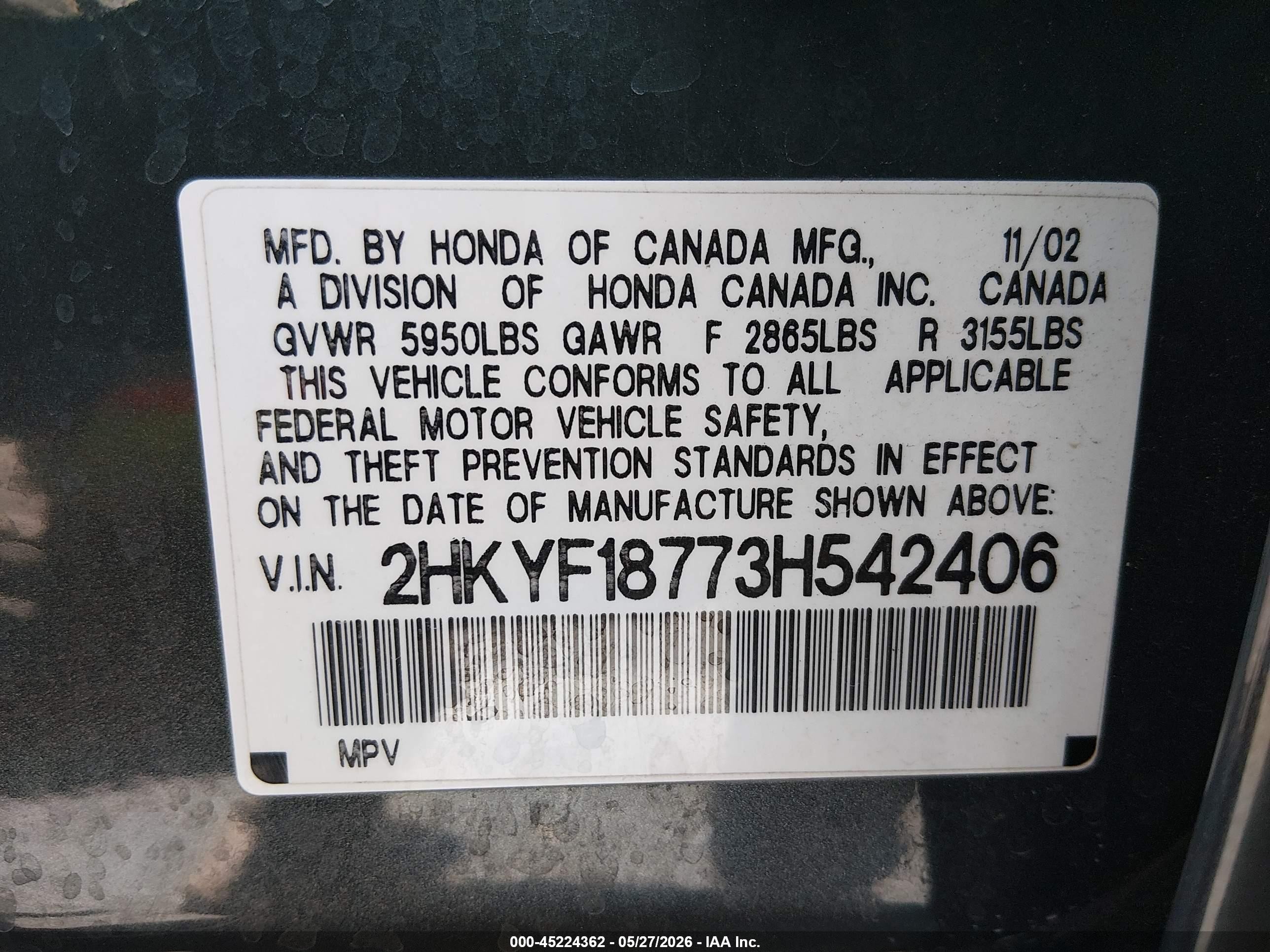 2003 Honda Pilot Ex-l Gray vin: 2HKYF18773H542406