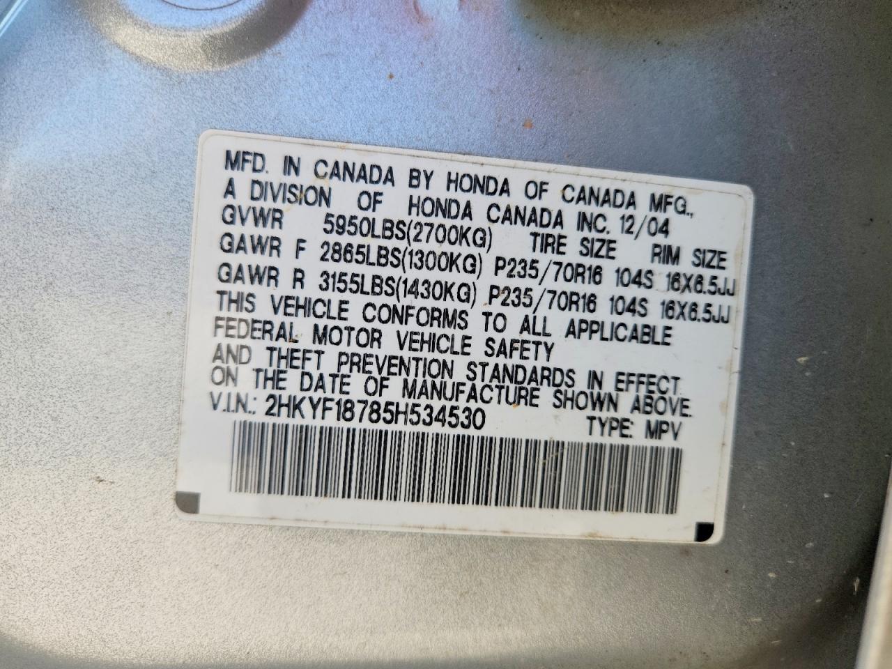2005 Honda Pilot Exl Silver vin: 2HKYF18785H534530