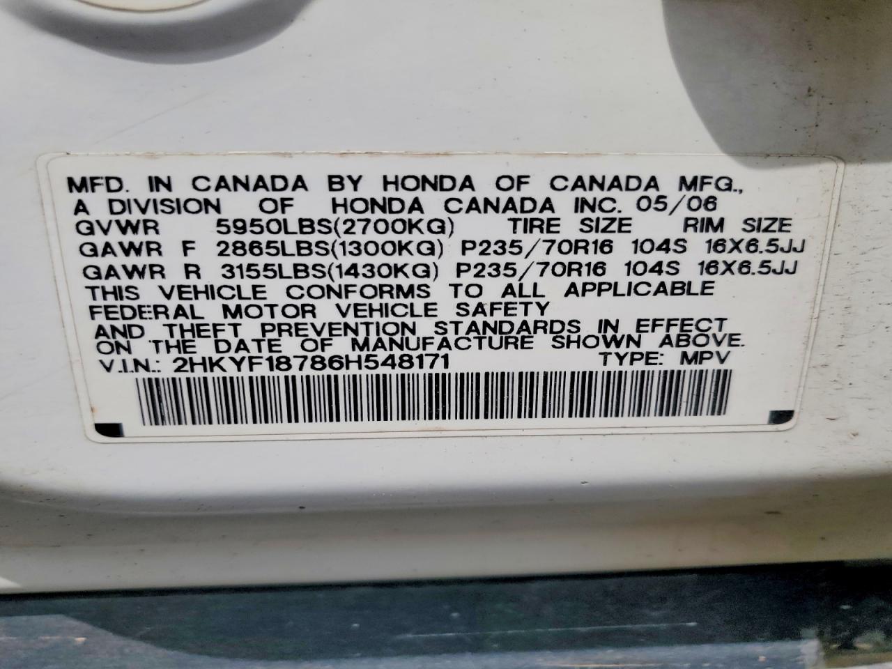 2006 Honda Pilot Ex White vin: 2HKYF18786H548171