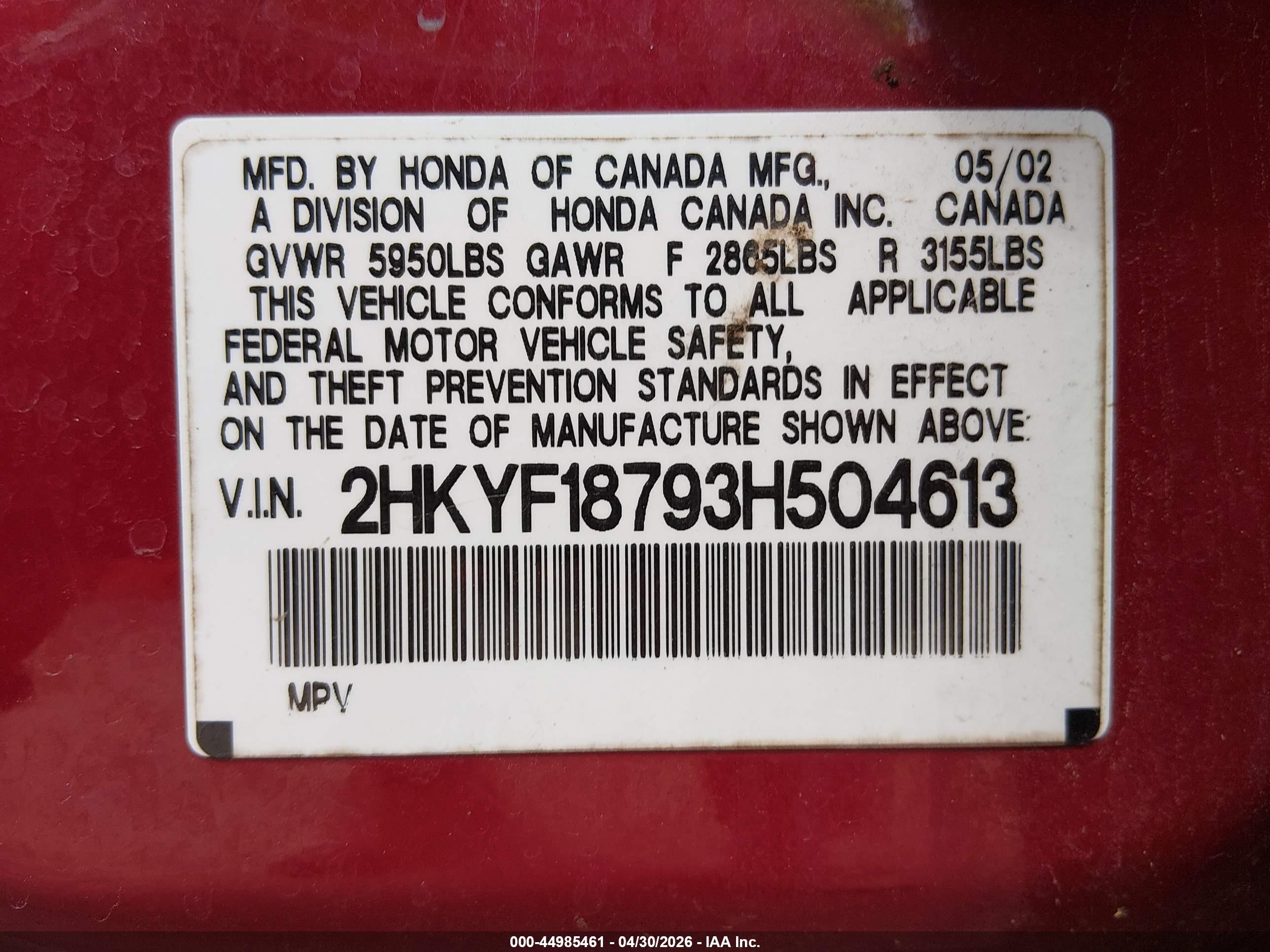 2003 Honda Pilot Ex-l Maroon vin: 2HKYF18793H504613