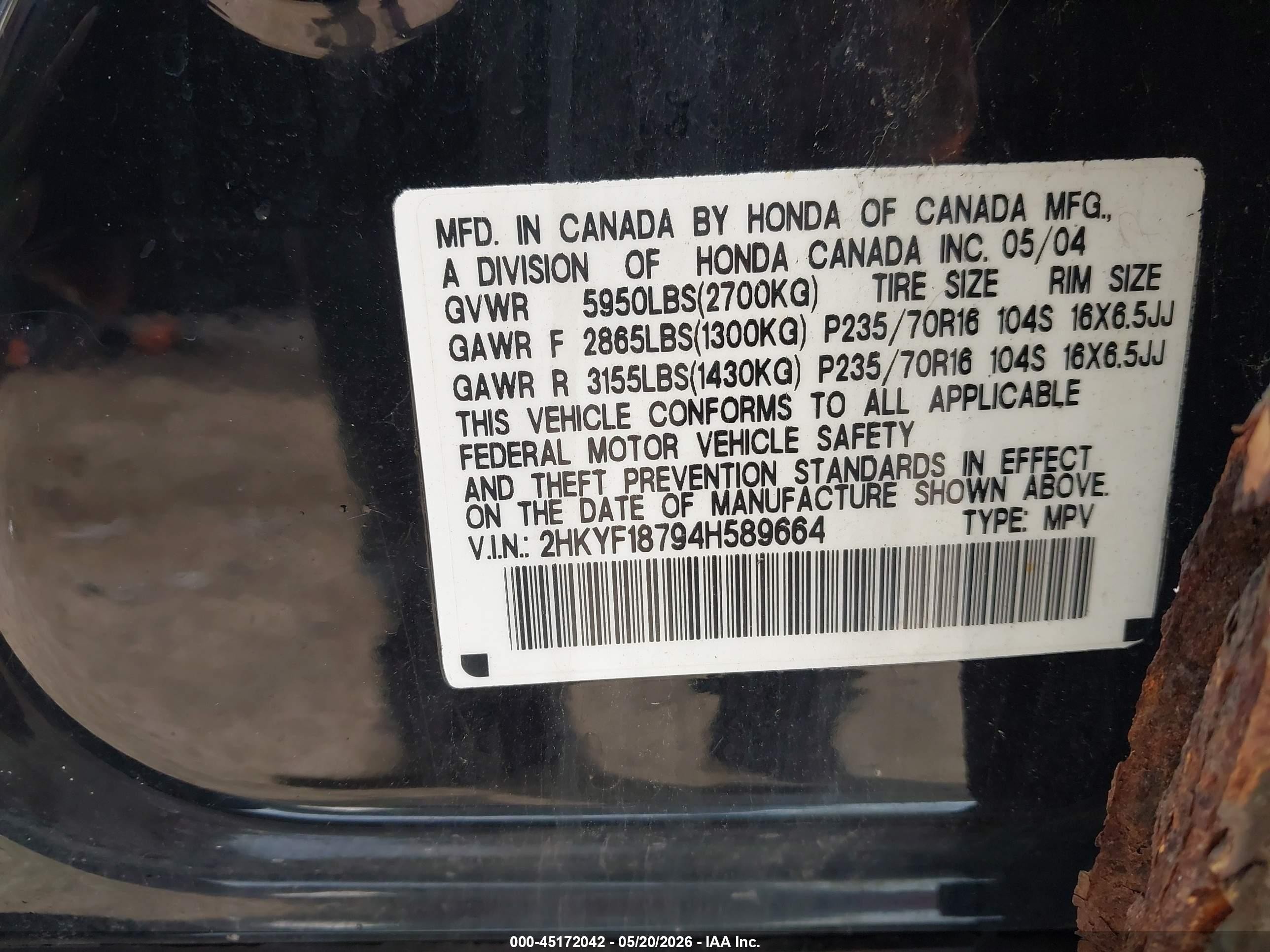 2004 Honda Pilot Ex-l Black vin: 2HKYF18794H589664