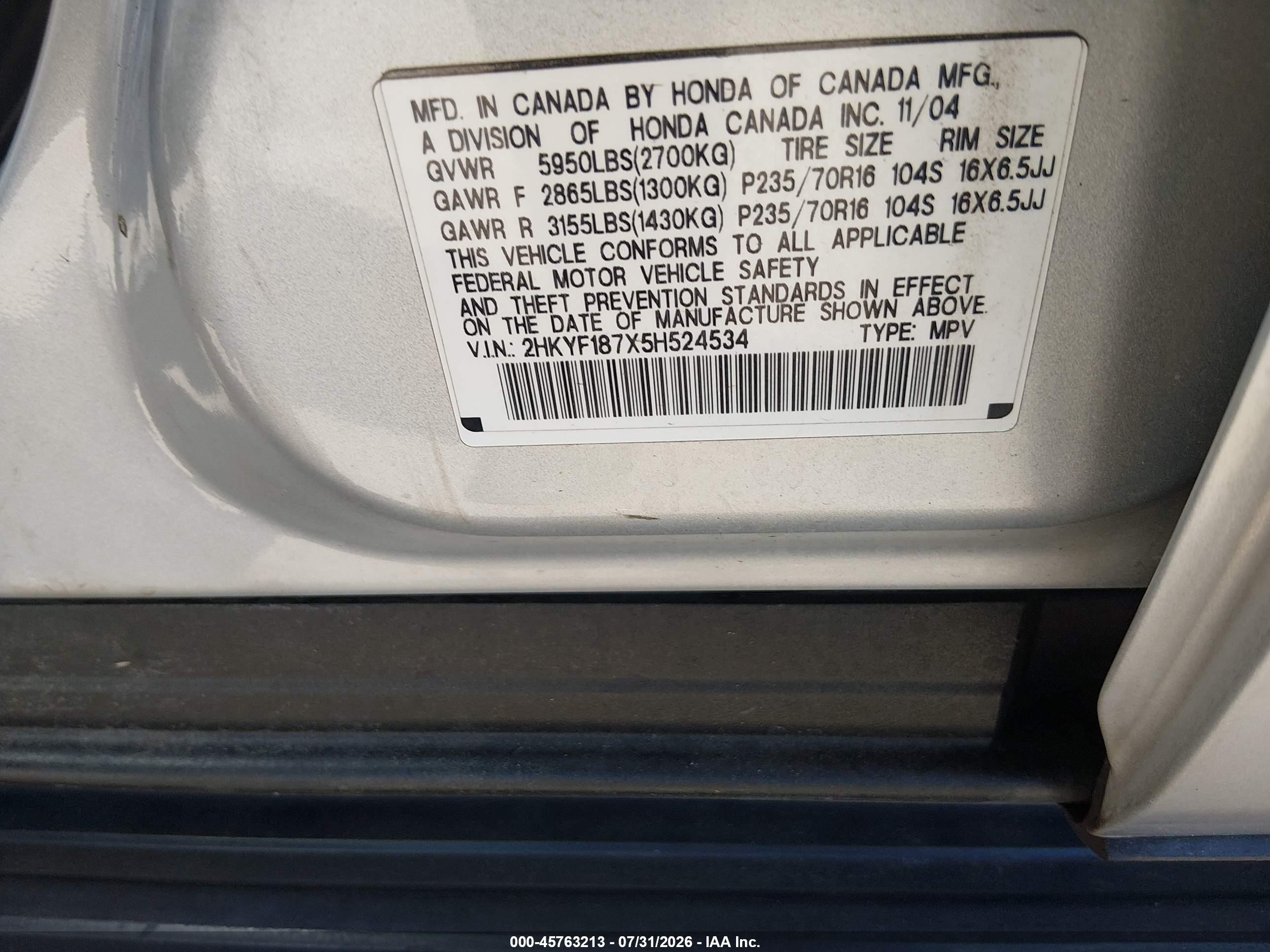 2005 Honda Pilot Ex-l Silver vin: 2HKYF187X5H524534