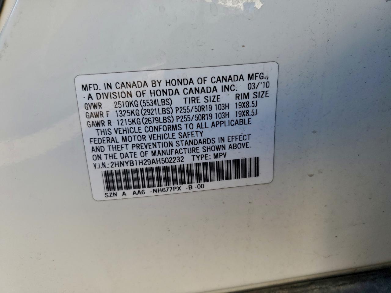 2010 Acura Zdx White vin: 2HNYB1H29AH502232