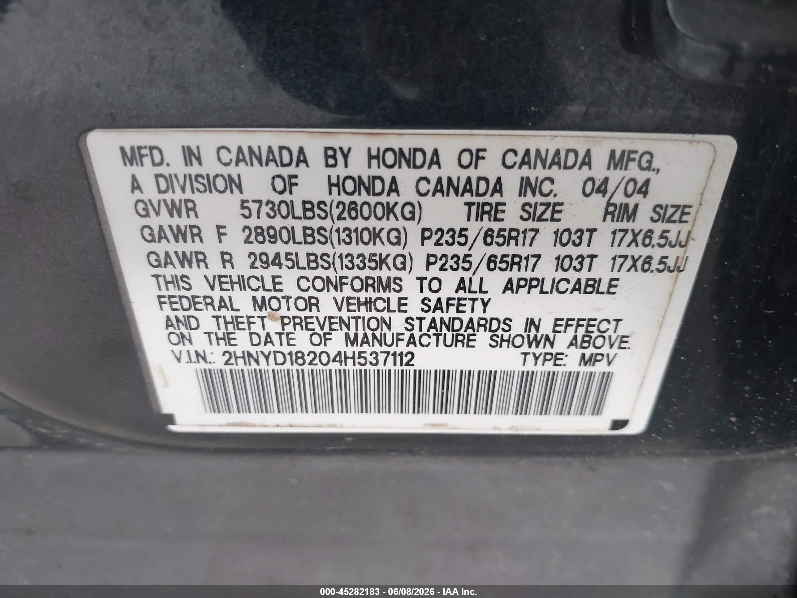 2004 Acura Mdx   Gray vin: 2HNYD18204H537112