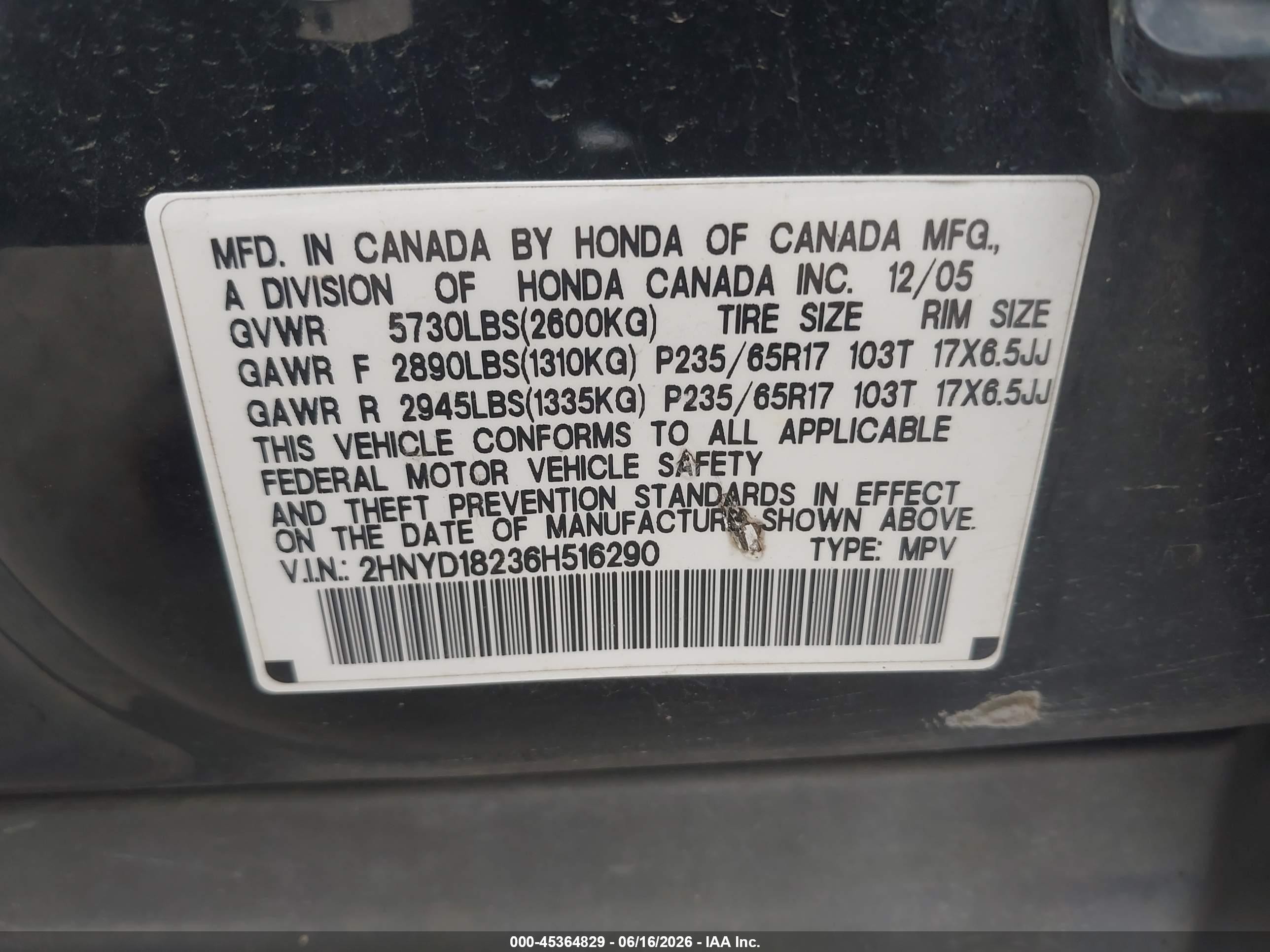 2006 Acura Mdx   Black vin: 2HNYD18236H516290