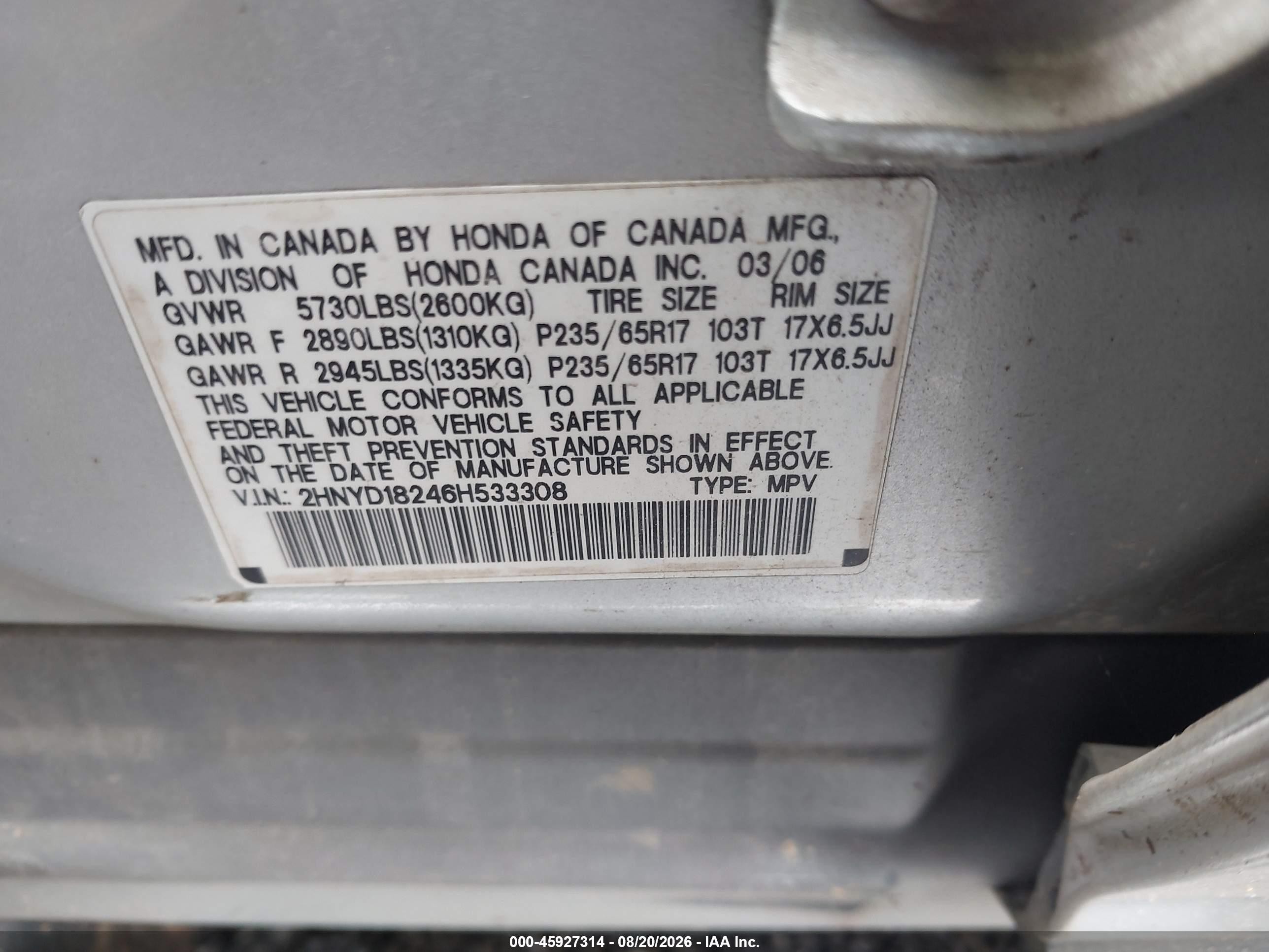 2006 Acura Mdx   Silver vin: 2HNYD18246H533308