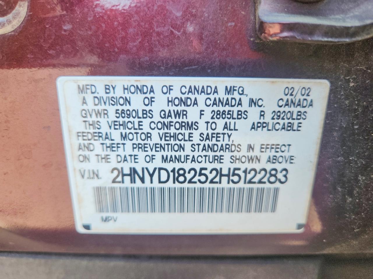 2002 Acura Mdx Maroon vin: 2HNYD18252H512283