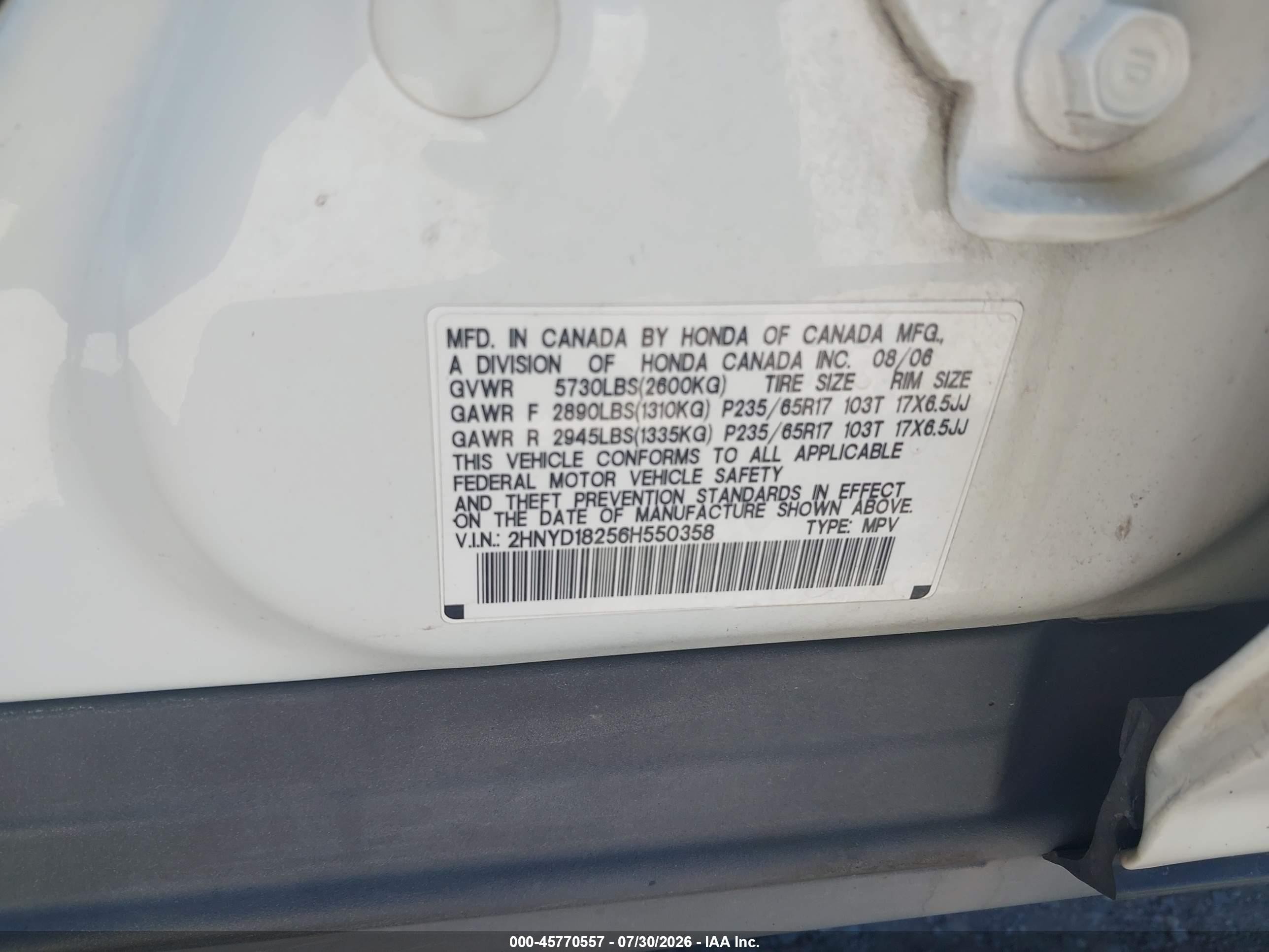 2006 Acura Mdx   White vin: 2HNYD18256H550358