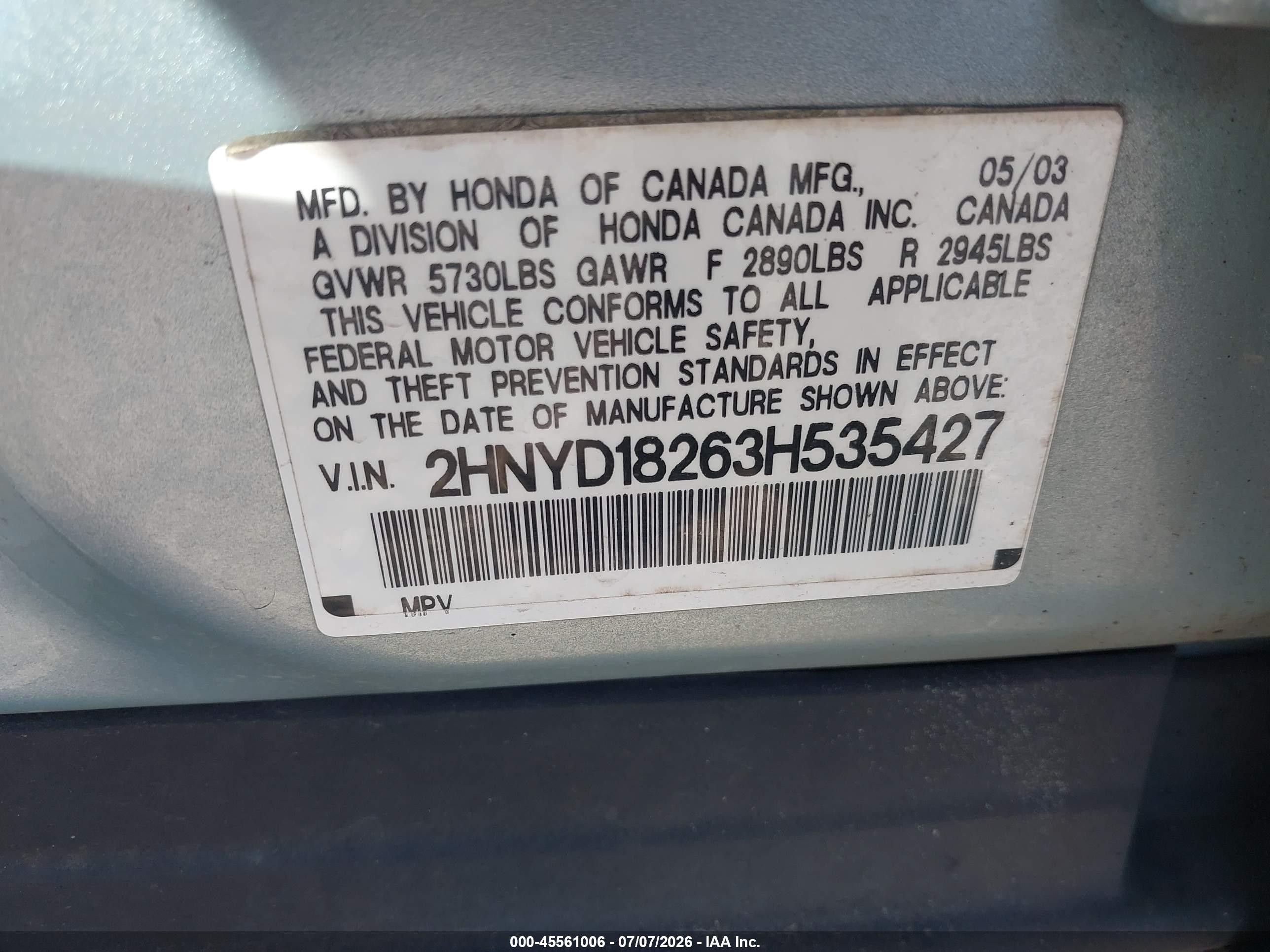 2003 Acura Mdx   Light Blue vin: 2HNYD18263H535427