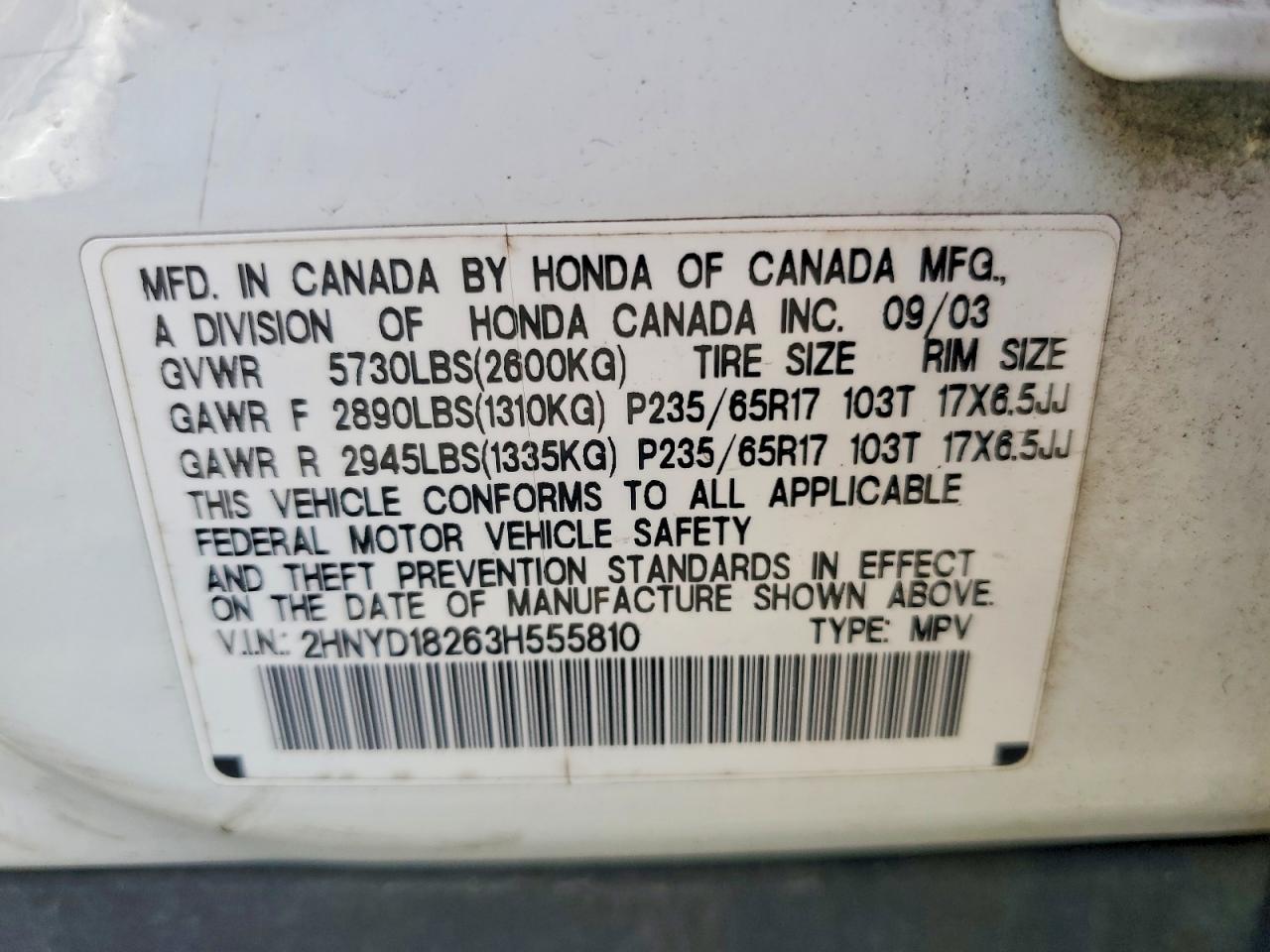 2003 Acura Mdx White vin: 2HNYD18263H555810