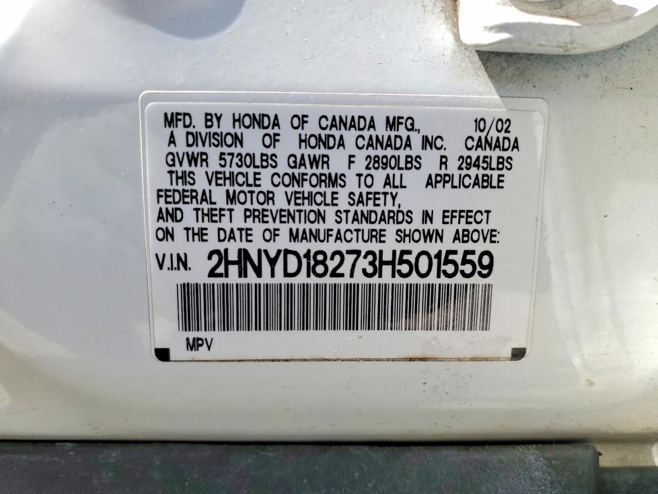 2003 Acura Mdx White vin: 2HNYD18273H501559