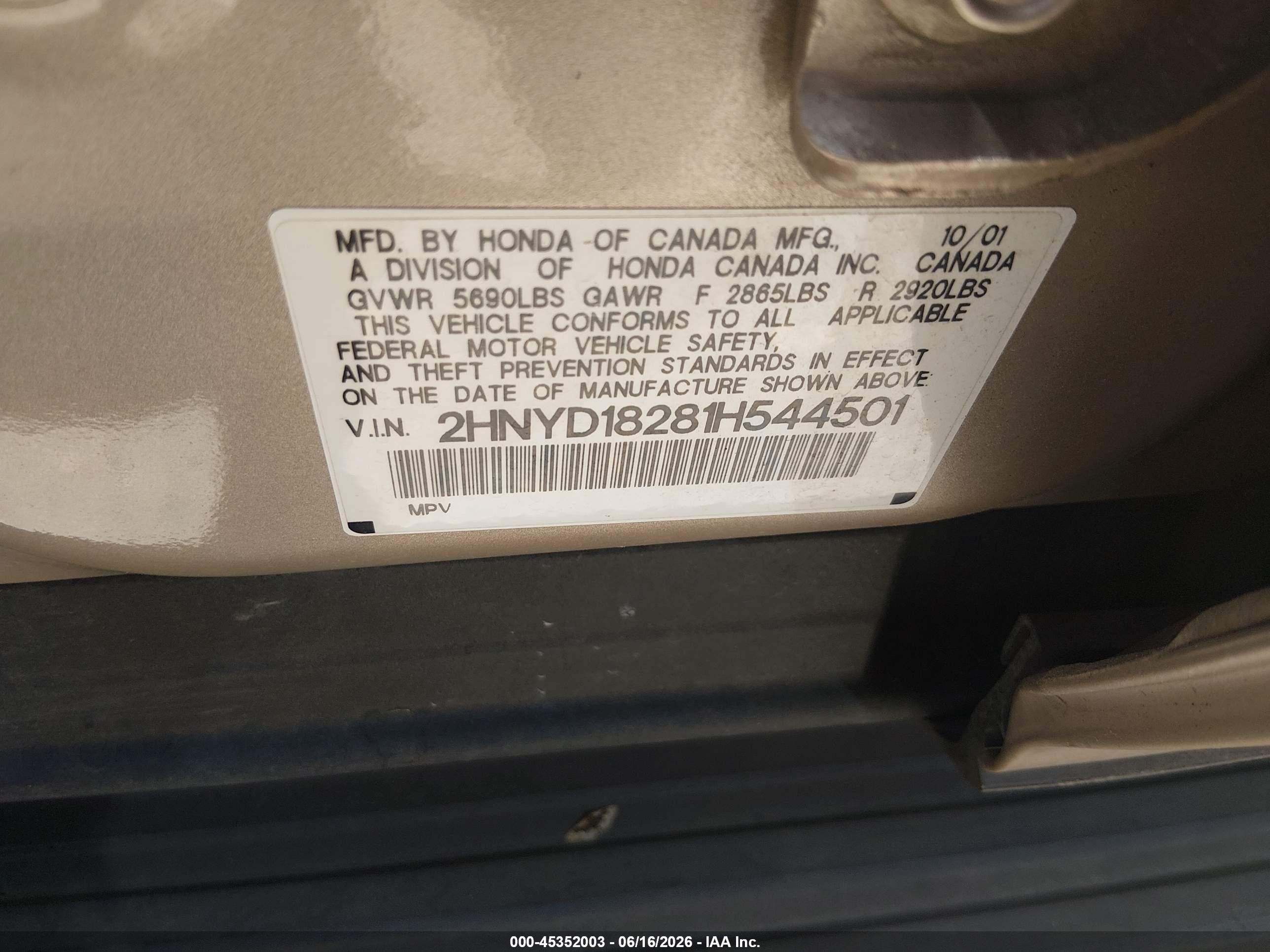 2001 Acura Mdx   Gold vin: 2HNYD18281H544501