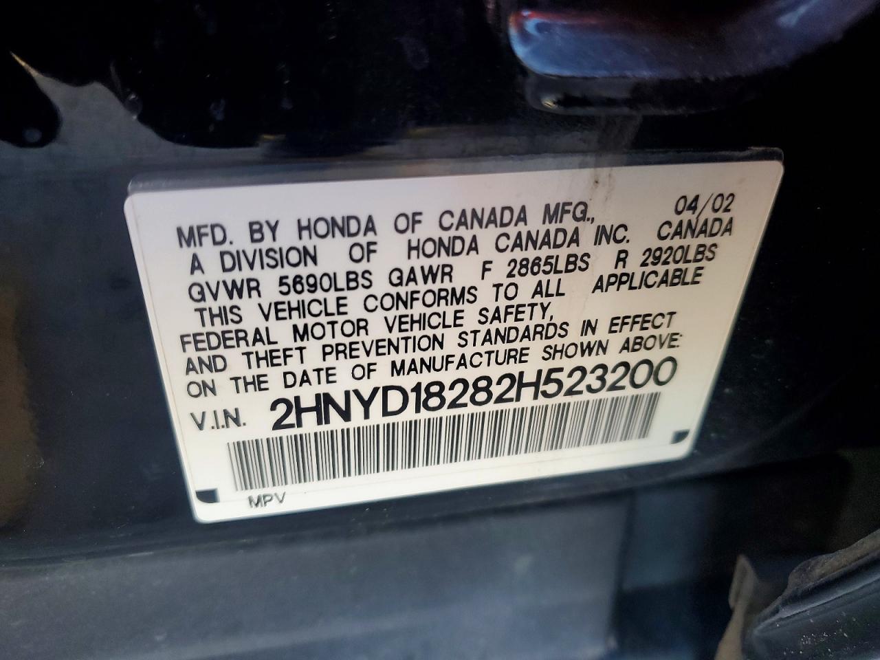 2002 Acura Mdx Black vin: 2HNYD18282H523200
