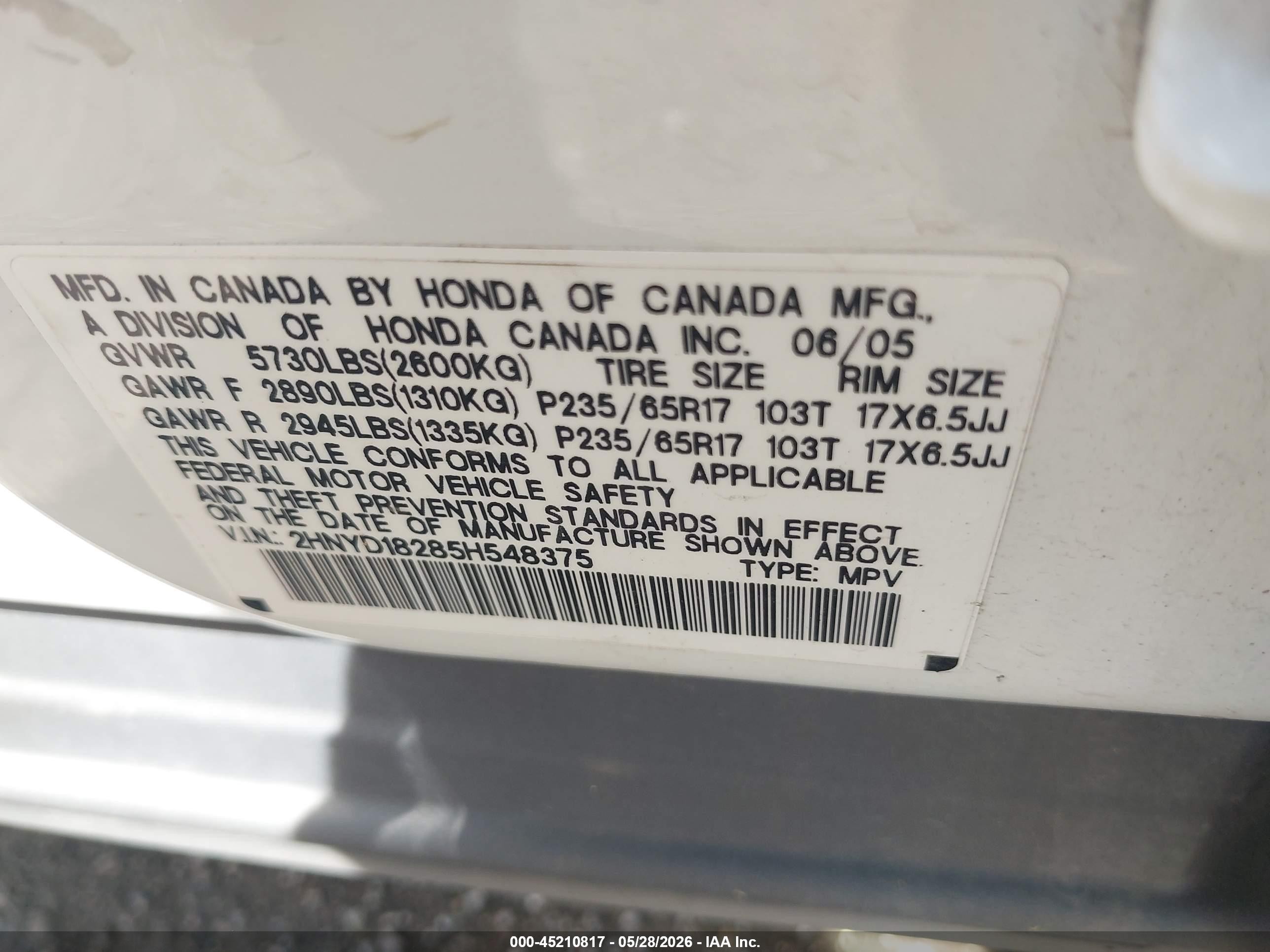 2005 Acura Mdx   White vin: 2HNYD18285H548375