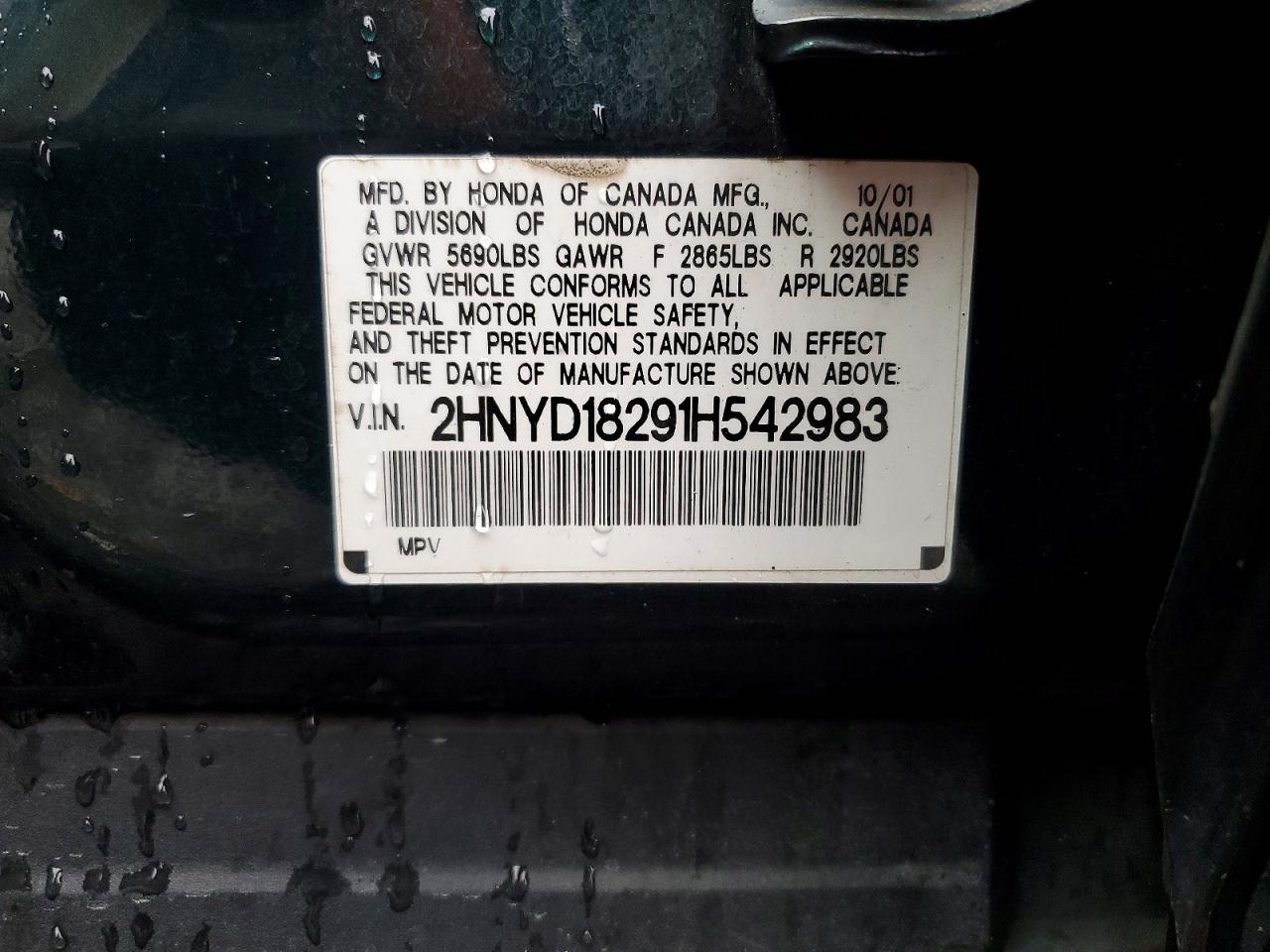 2001 Acura Mdx Green vin: 2HNYD18291H542983