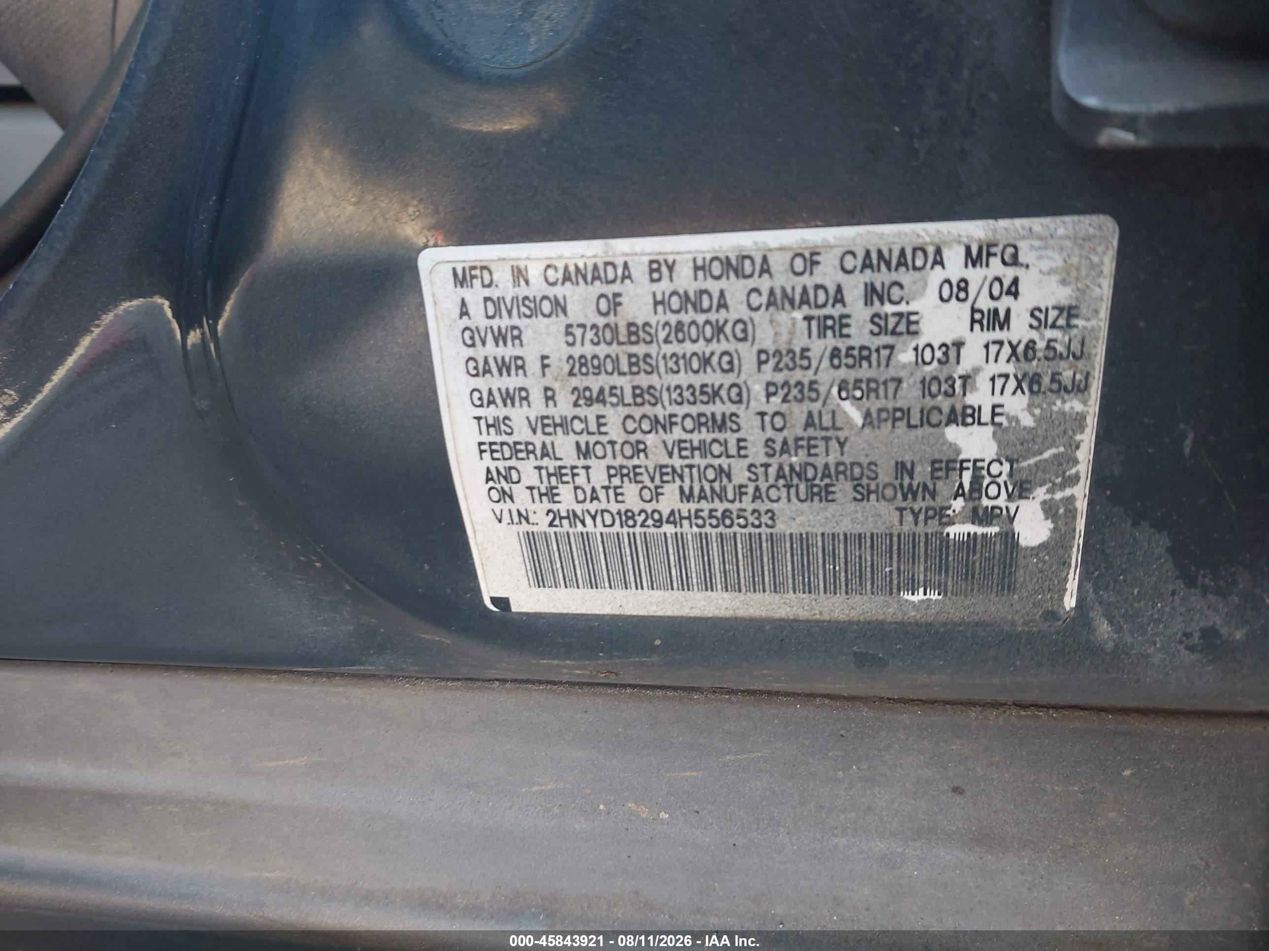 2004 Acura Mdx   Gray vin: 2HNYD18294H556533