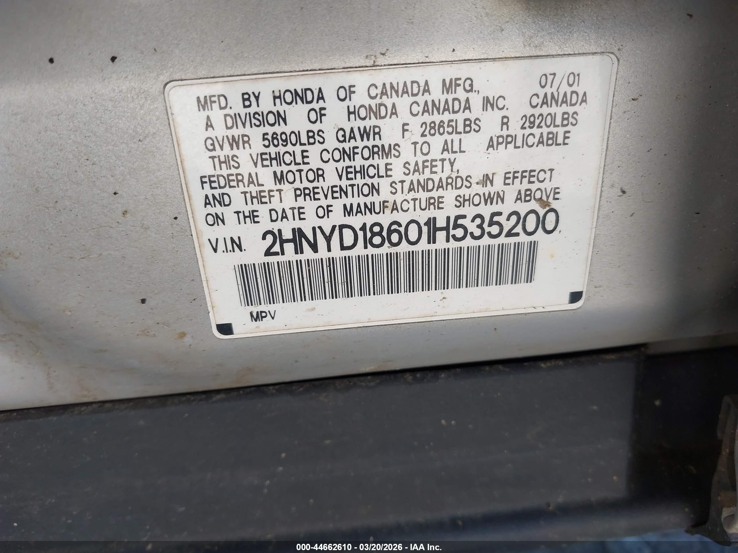 2001 Acura Mdx   Silver vin: 2HNYD18601H535200