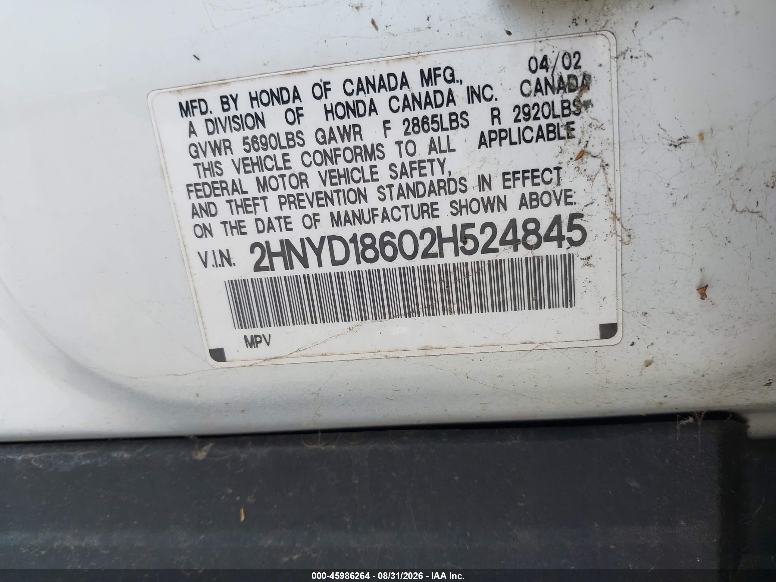 2002 Acura Mdx   White vin: 2HNYD18602H524845