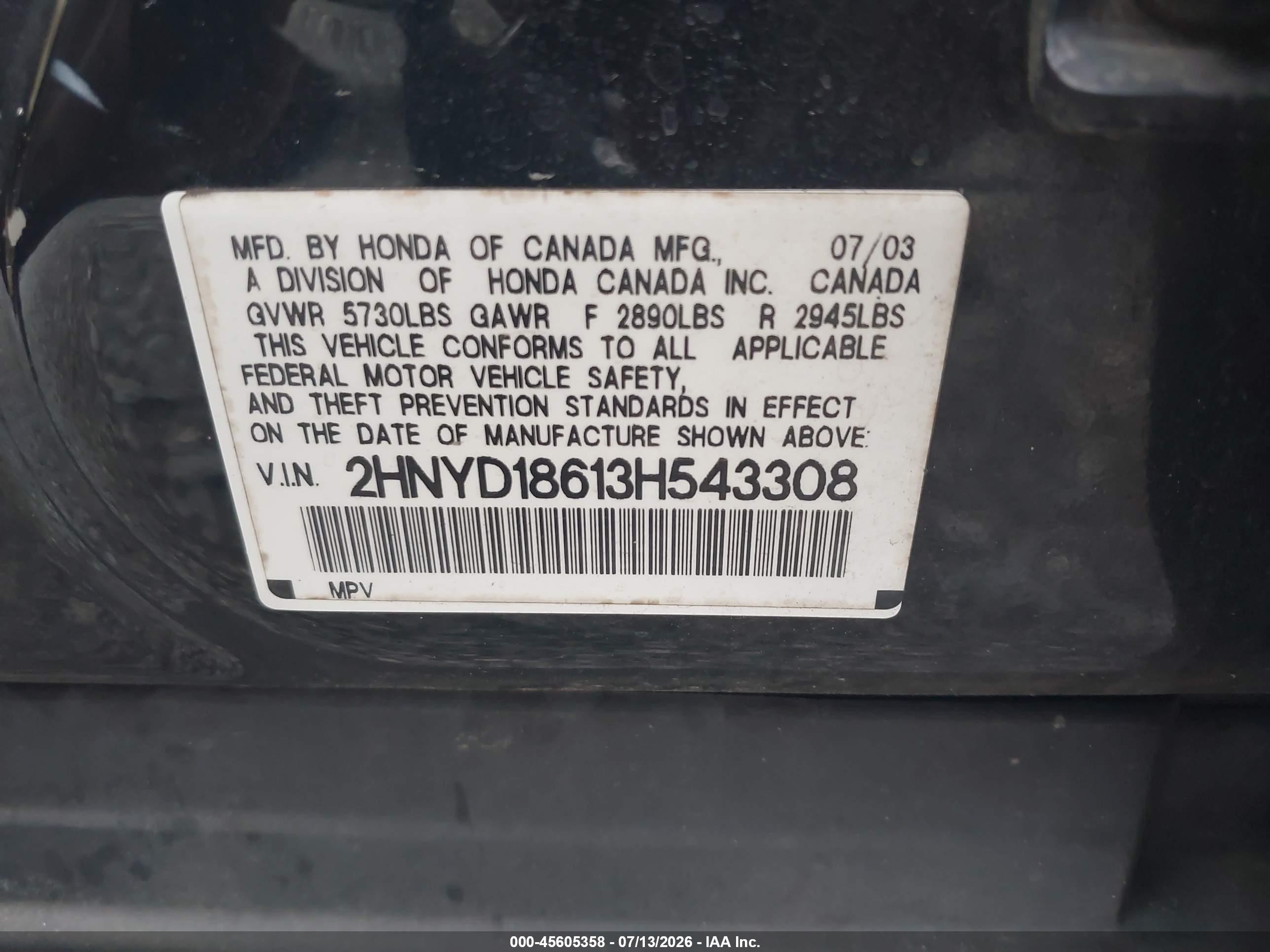 2003 Acura Mdx   Black vin: 2HNYD18613H543308