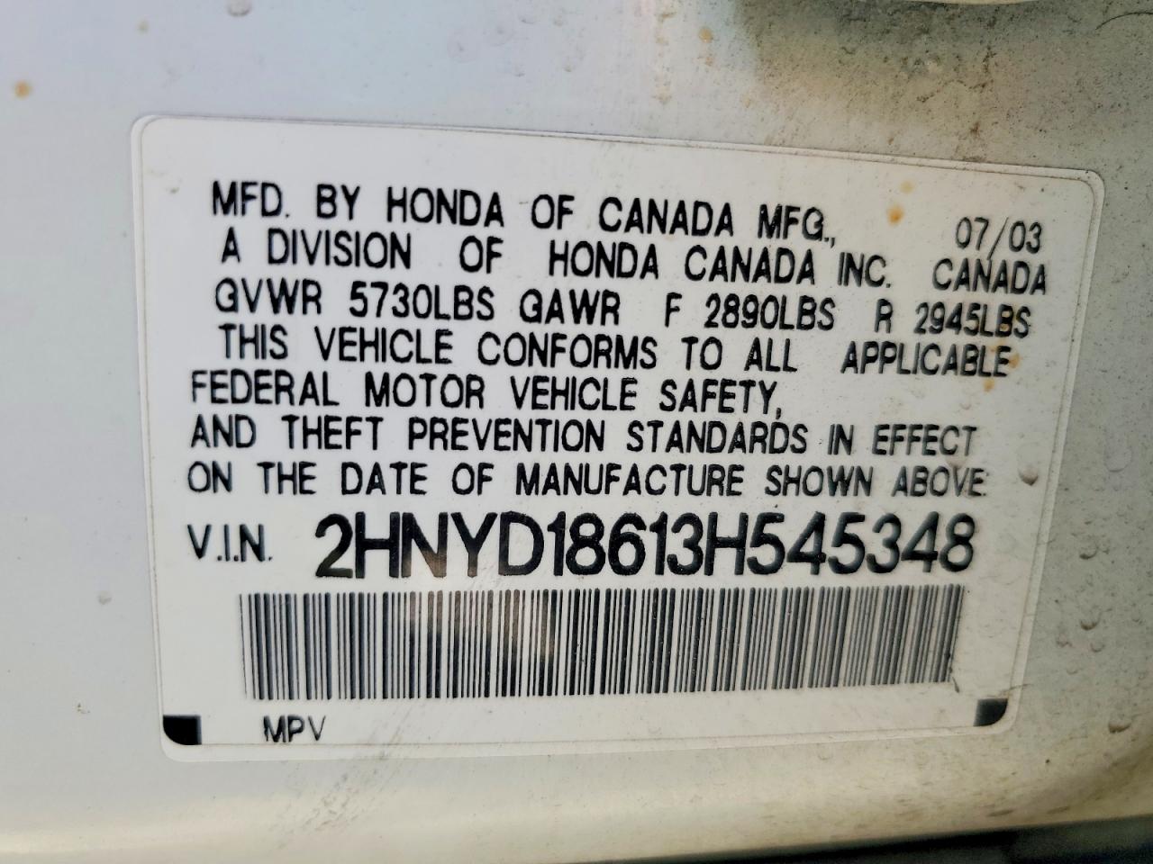 2003 Acura Mdx Touring White vin: 2HNYD18613H545348