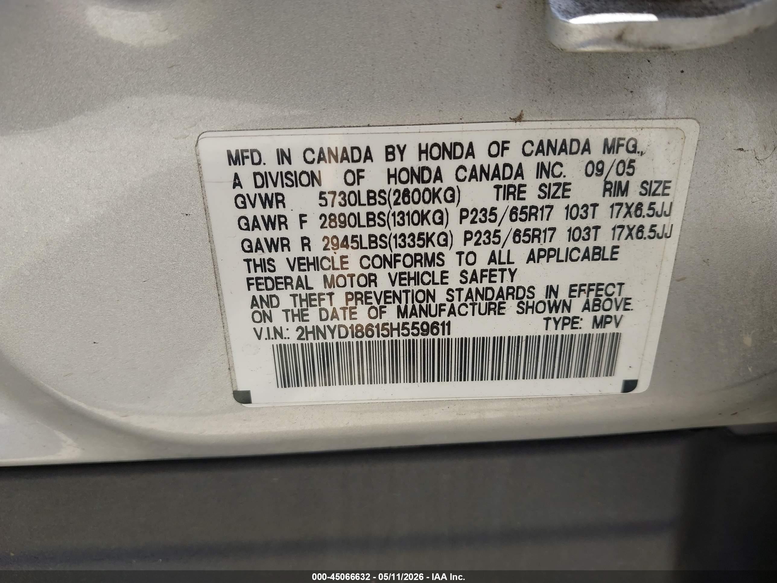 2005 Acura Mdx   Gray vin: 2HNYD18615H559611