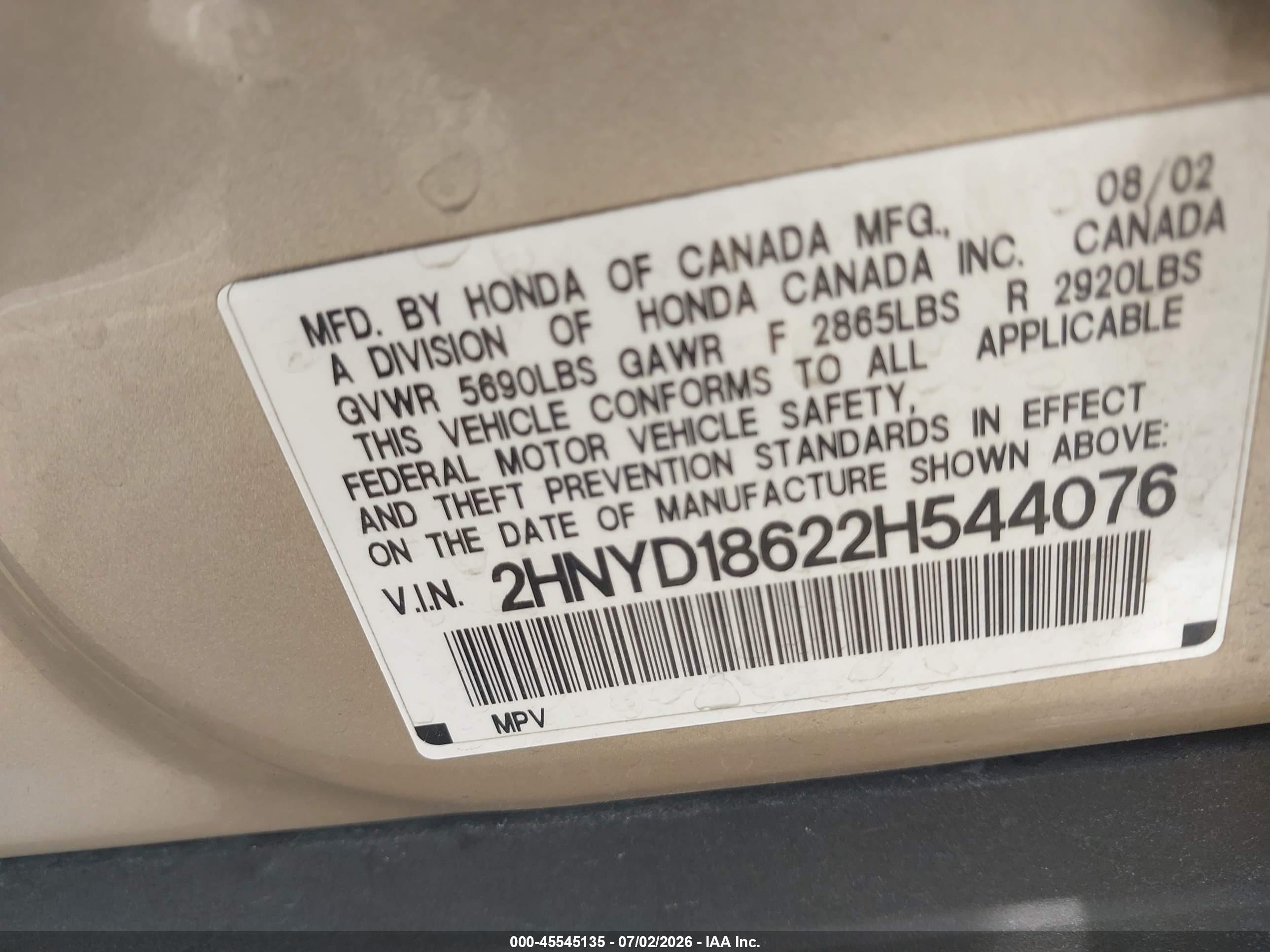 2002 Acura Mdx   Cream vin: 2HNYD18622H544076