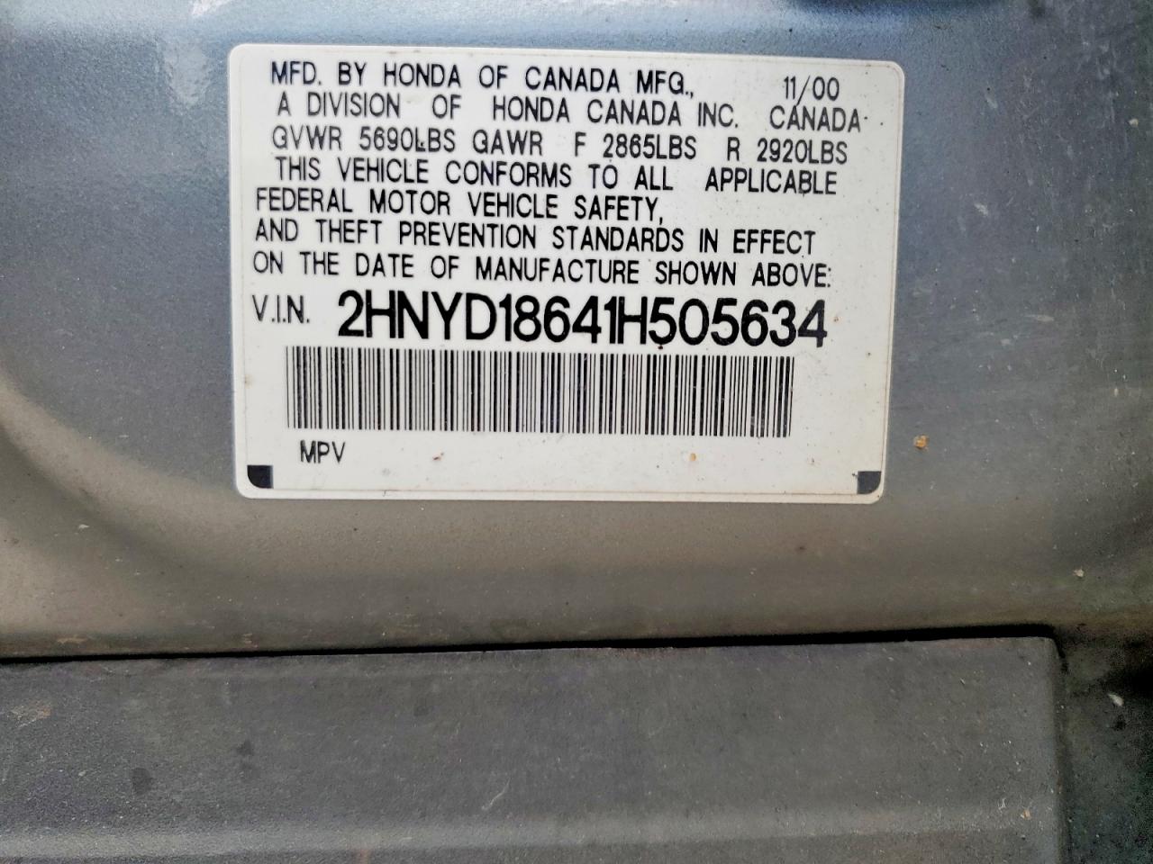 2001 Acura Mdx Touring Gray vin: 2HNYD18641H505634