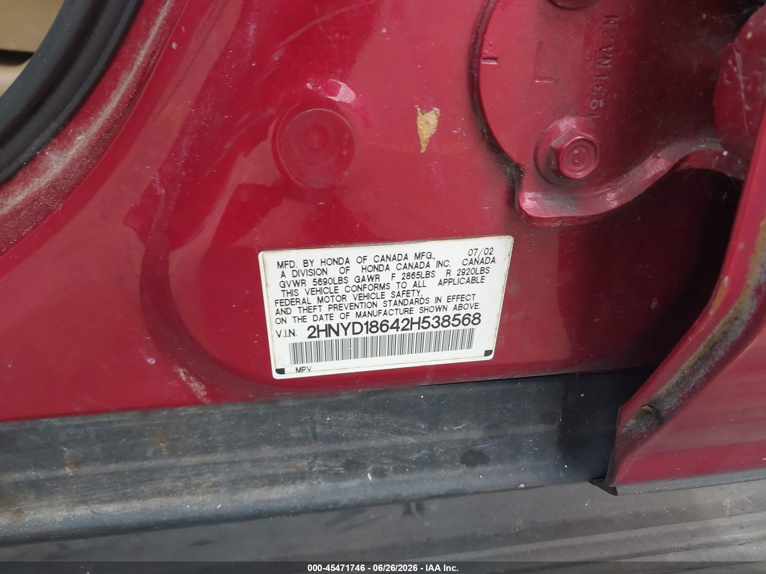 2002 Acura Mdx   Red vin: 2HNYD18642H538568