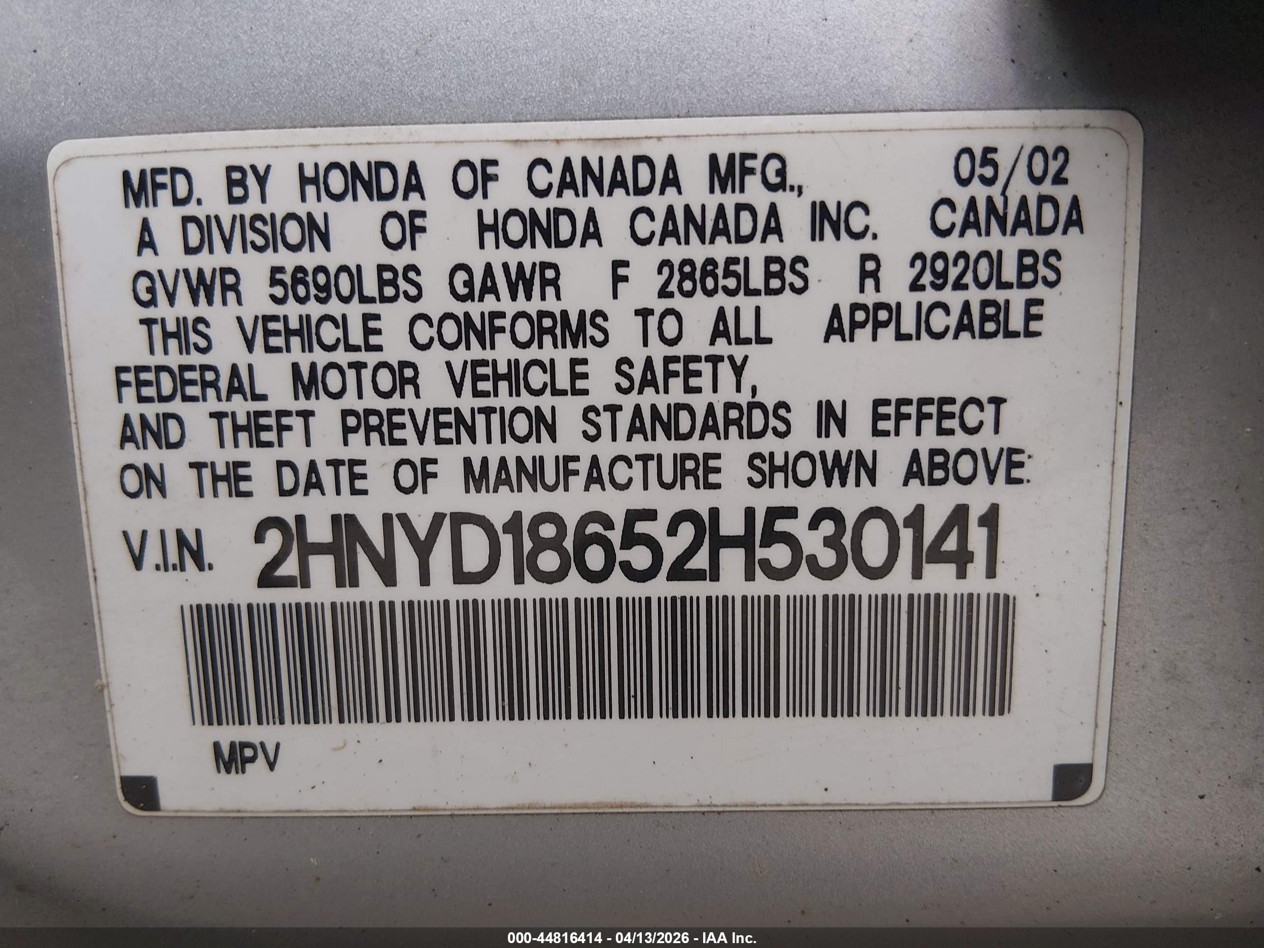 2002 Acura Mdx   Gray vin: 2HNYD18652H530141