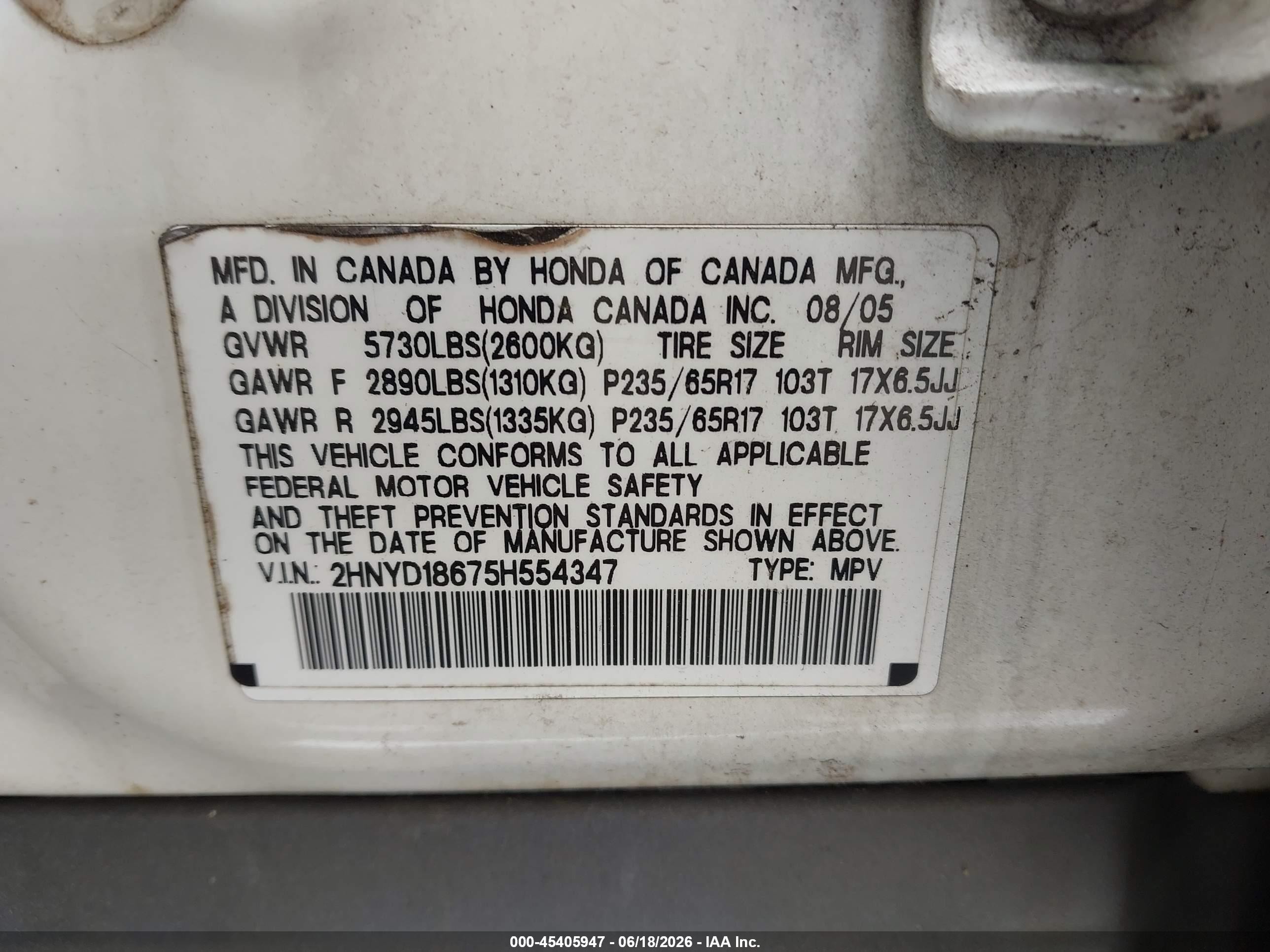 2005 Acura Mdx   White vin: 2HNYD18675H554347