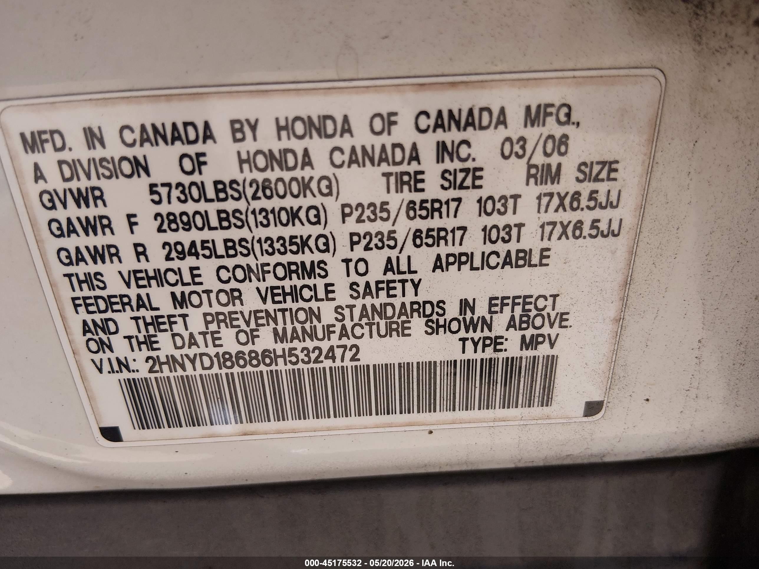 2006 Acura Mdx   White vin: 2HNYD18686H532472