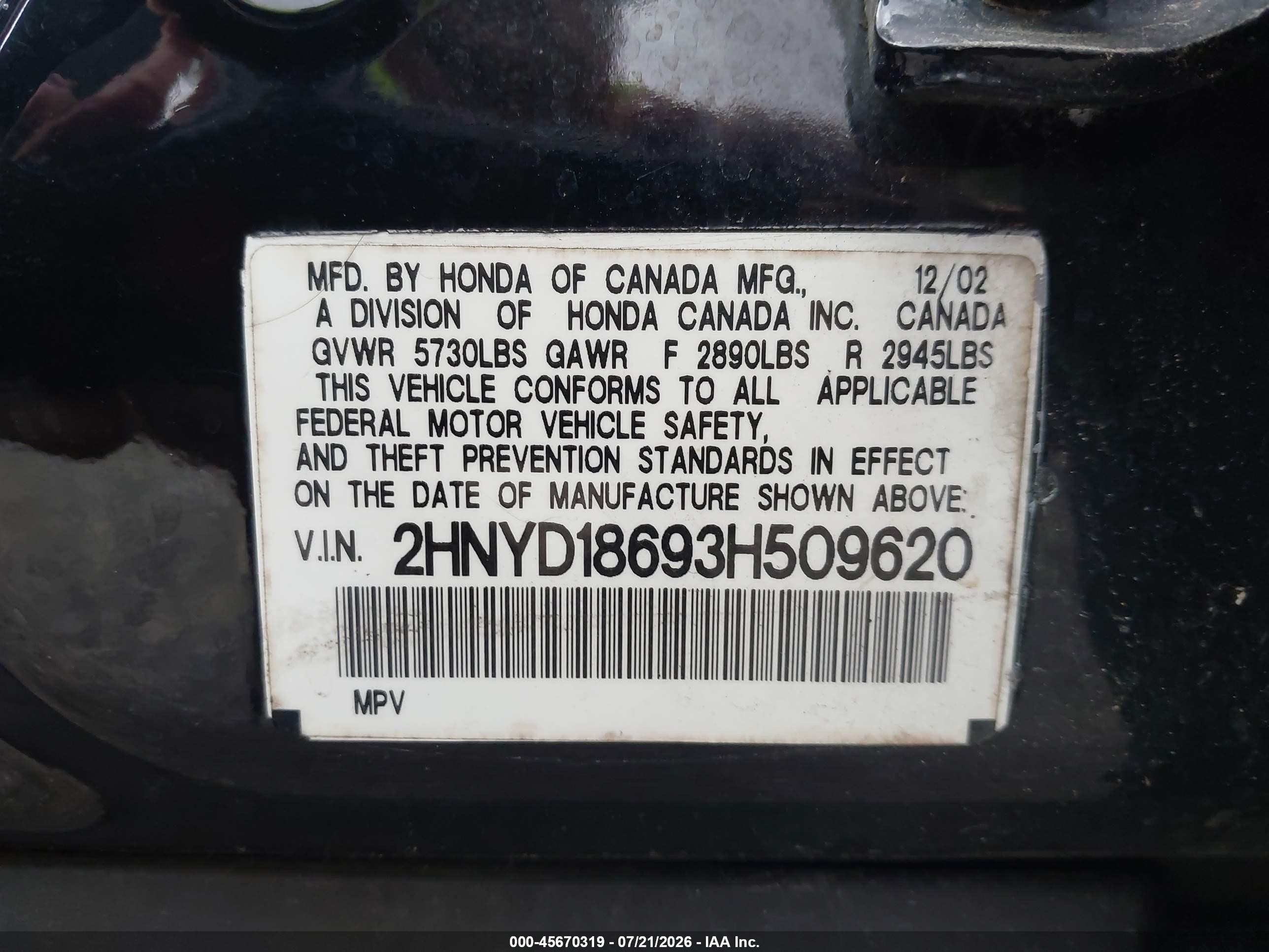 2003 Acura Mdx   Black vin: 2HNYD18693H509620
